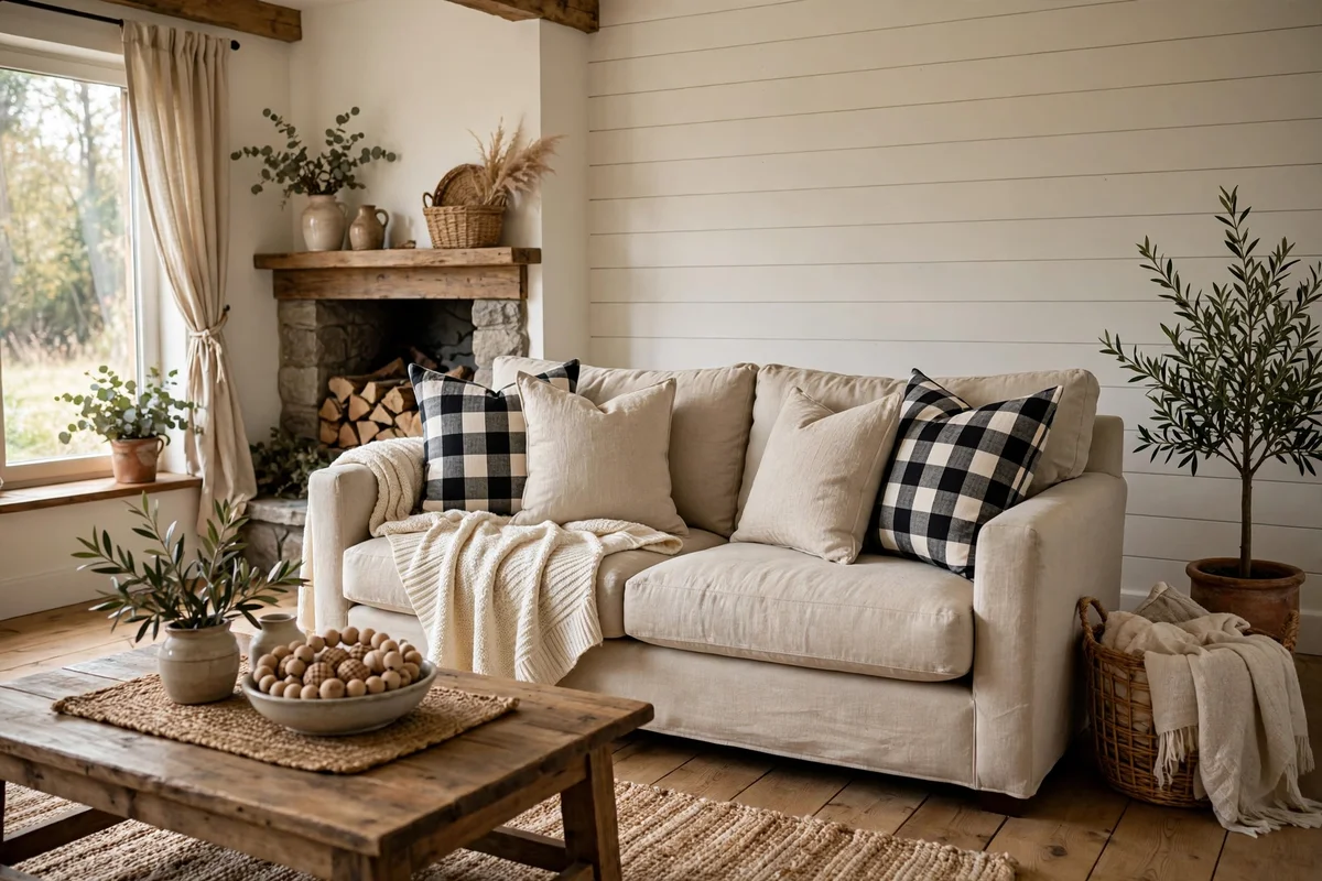 Farmhouse sofa styled with buffalo check throw pillows in black and white