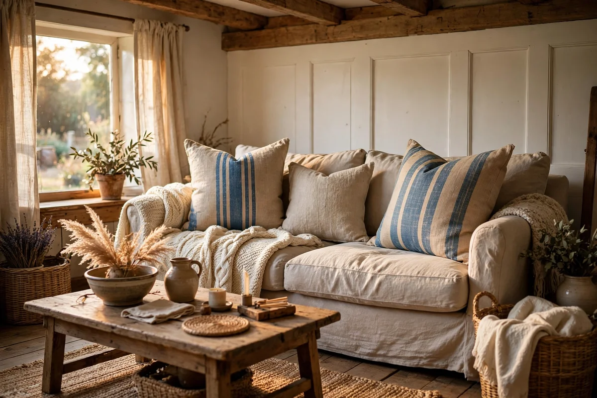 Farmhouse living room pillows with vintage grain sack stripes on linen