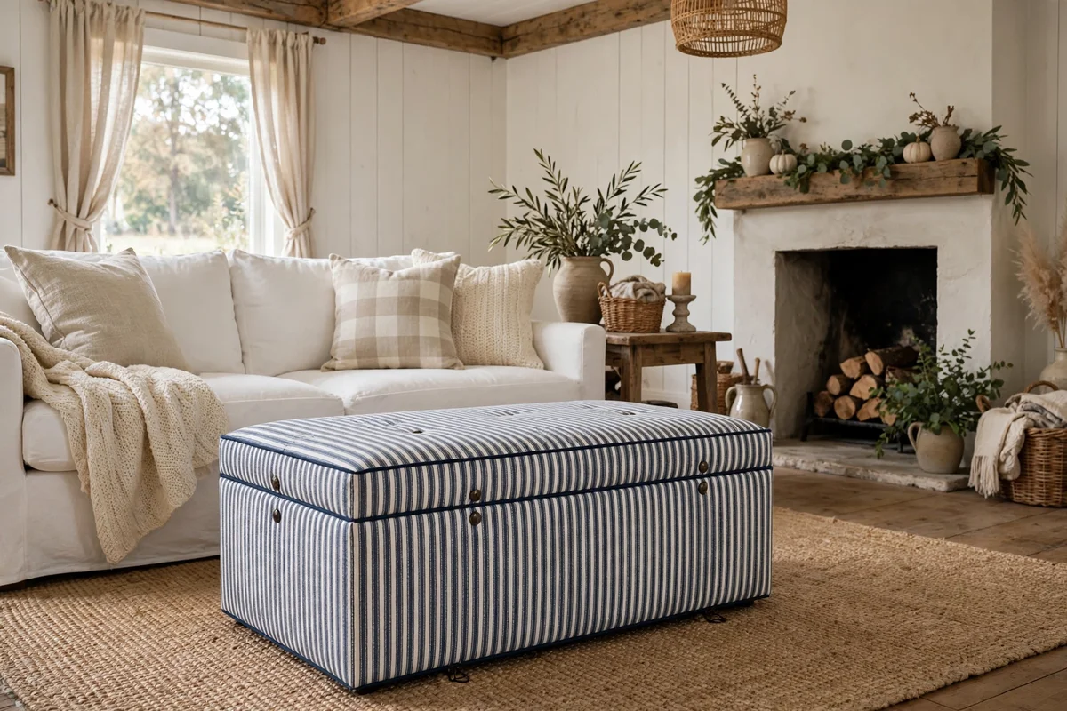 Farmhouse living room with ticking stripe upholstered storage ottoman