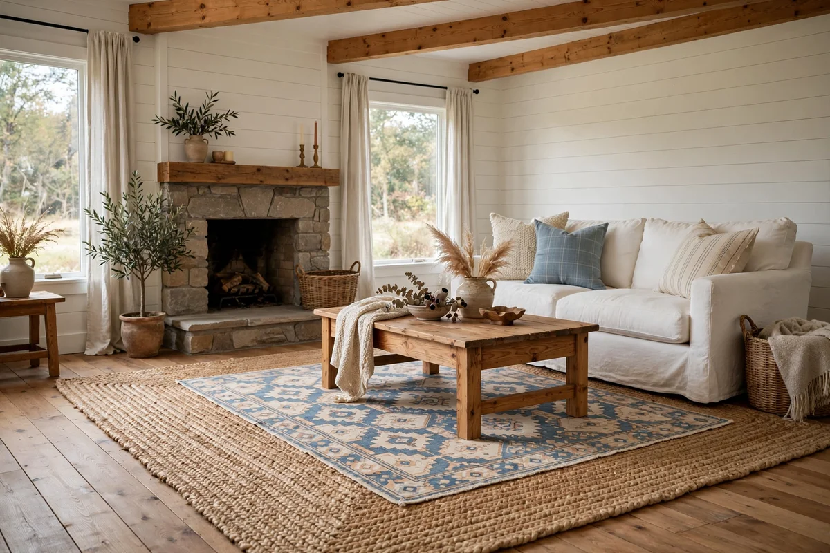 Farmhouse living room with layered jute rug under coffee table