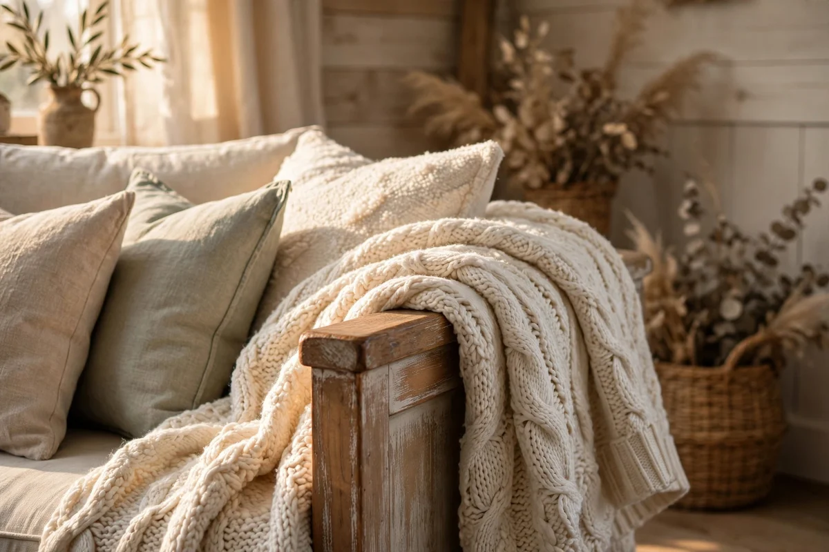 Farmhouse sofa with chunky cream knit throw blanket draped over arm