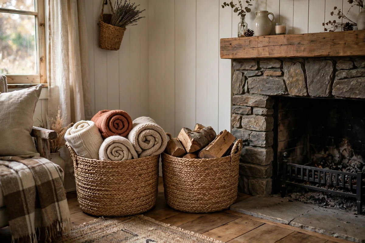 Farmhouse living room with woven seagrass baskets holding throws and firewood