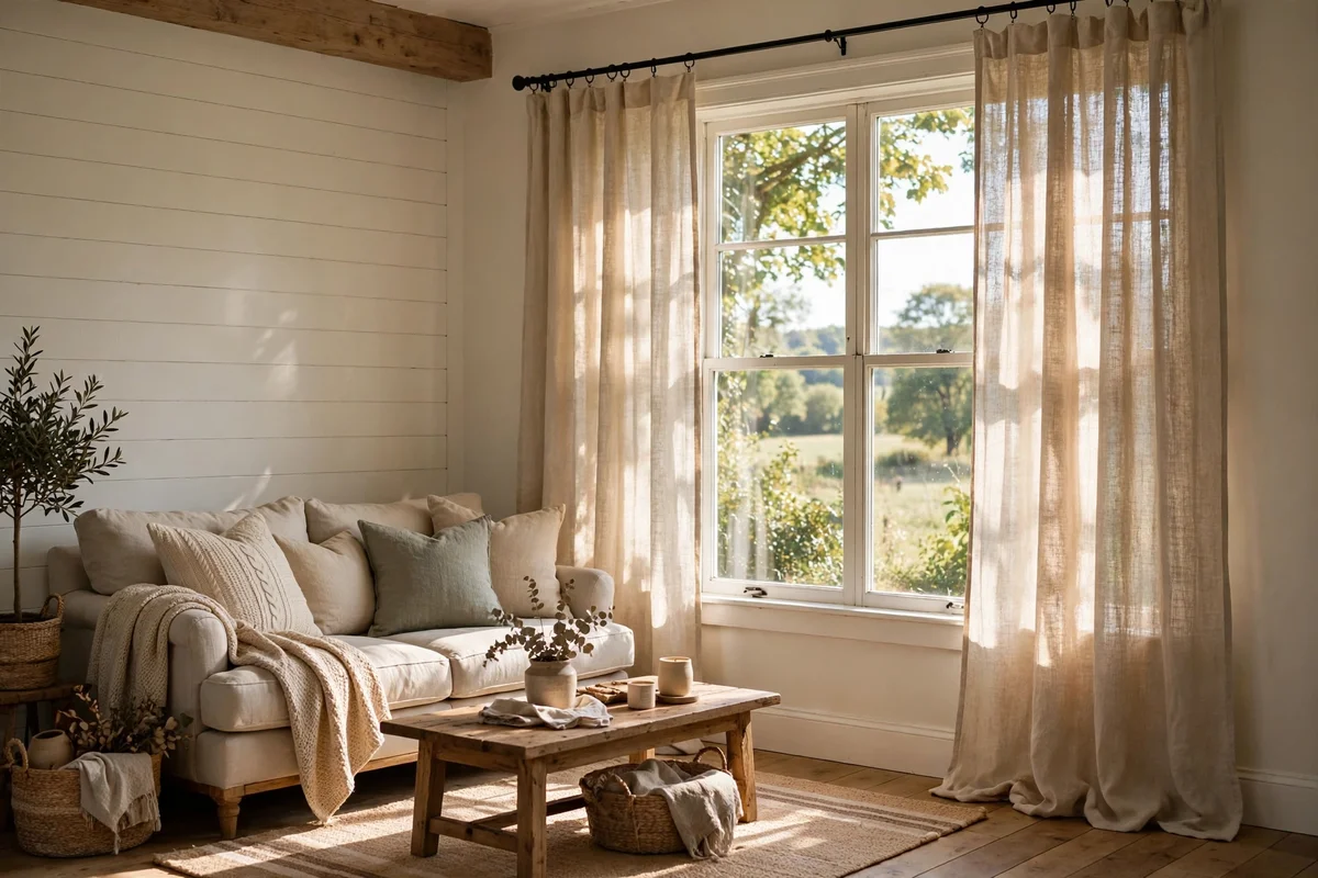 Farmhouse living room with floor-length natural linen curtain panels
