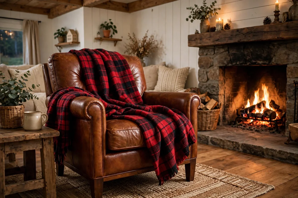 Farmhouse living room with plaid wool throw over leather armchair