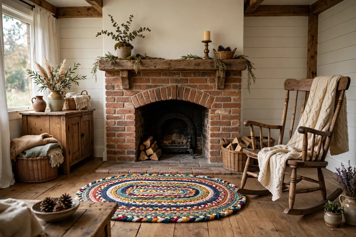 Farmhouse living room with colorful braided rag rug by fireplace