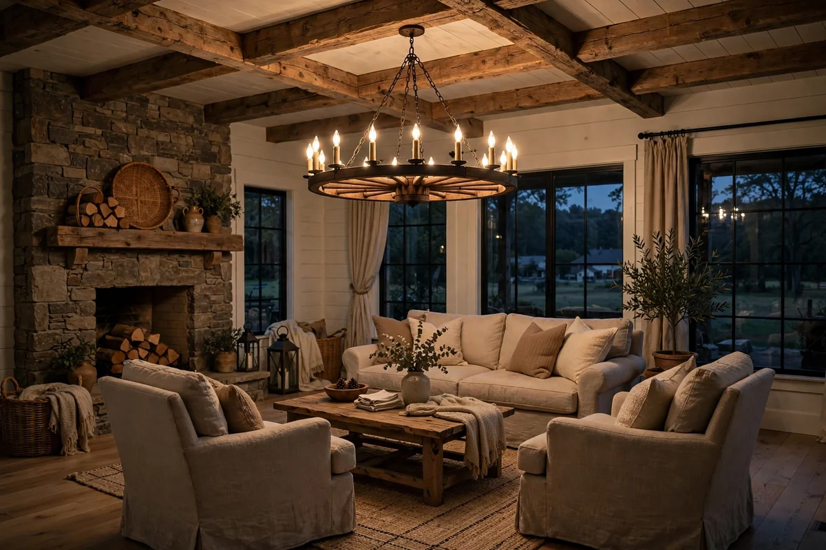 Farmhouse living room with wagon wheel chandelier over seating area