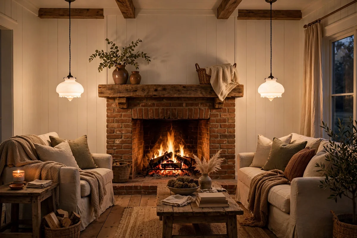 Farmhouse living room with glowing milk glass pendant lights by fireplace