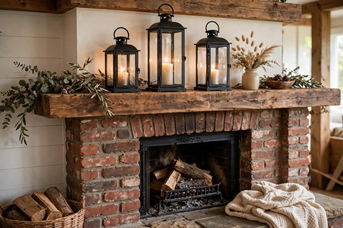 Farmhouse mantel styled with hurricane candle lanterns of varying heights