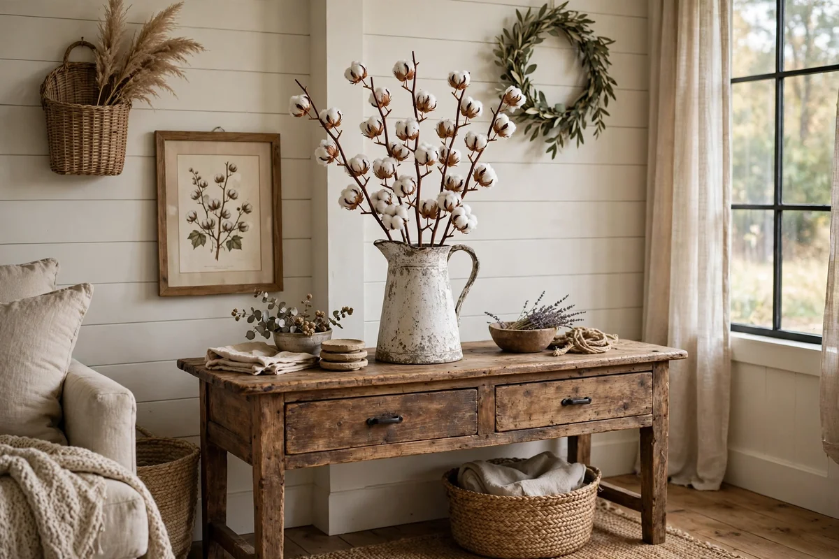 Farmhouse living room with cotton stems in weathered ironstone pitcher