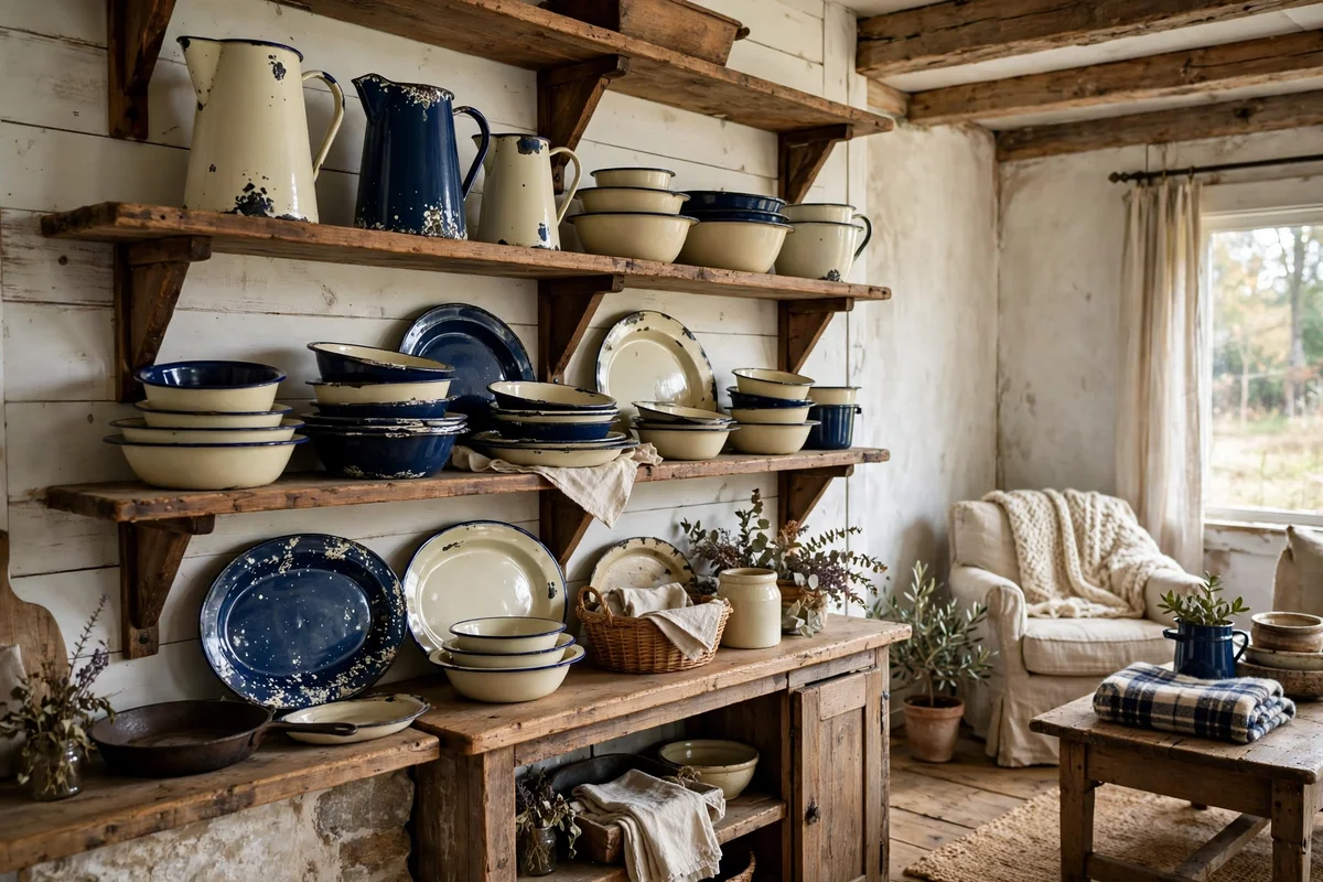 Farmhouse living room shelf display of vintage cream and navy enamelware