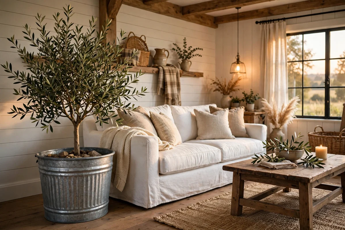 Farmhouse living room with galvanized metal planter holding olive tree