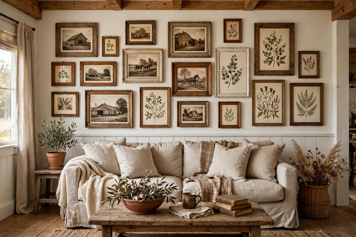 Farmhouse living room gallery wall of vintage frames over sofa
