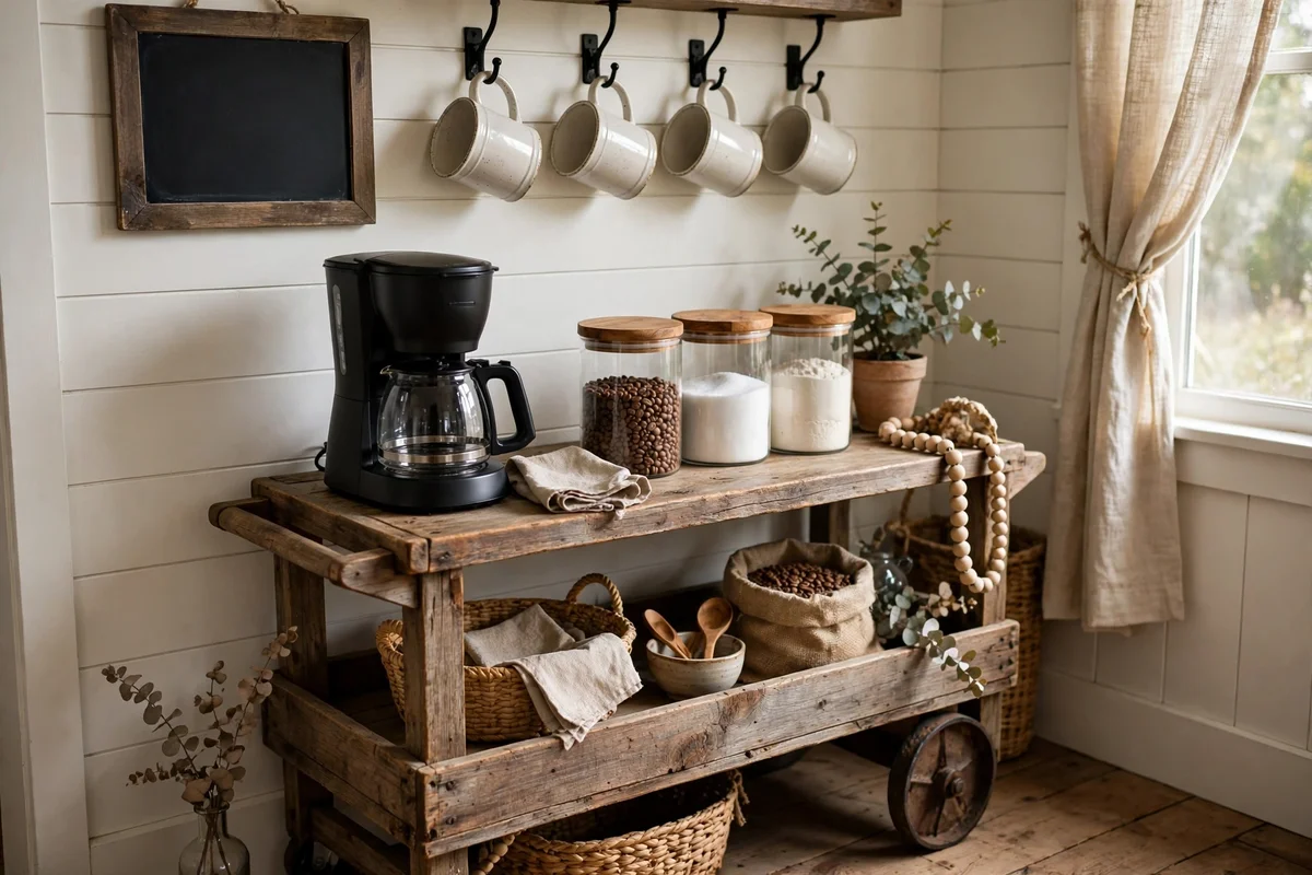 Farmhouse living room corner coffee bar with rustic cart and mug hooks