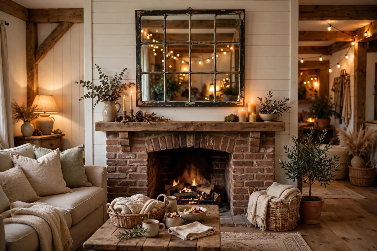 Farmhouse living room with vintage window pane mirror above mantel