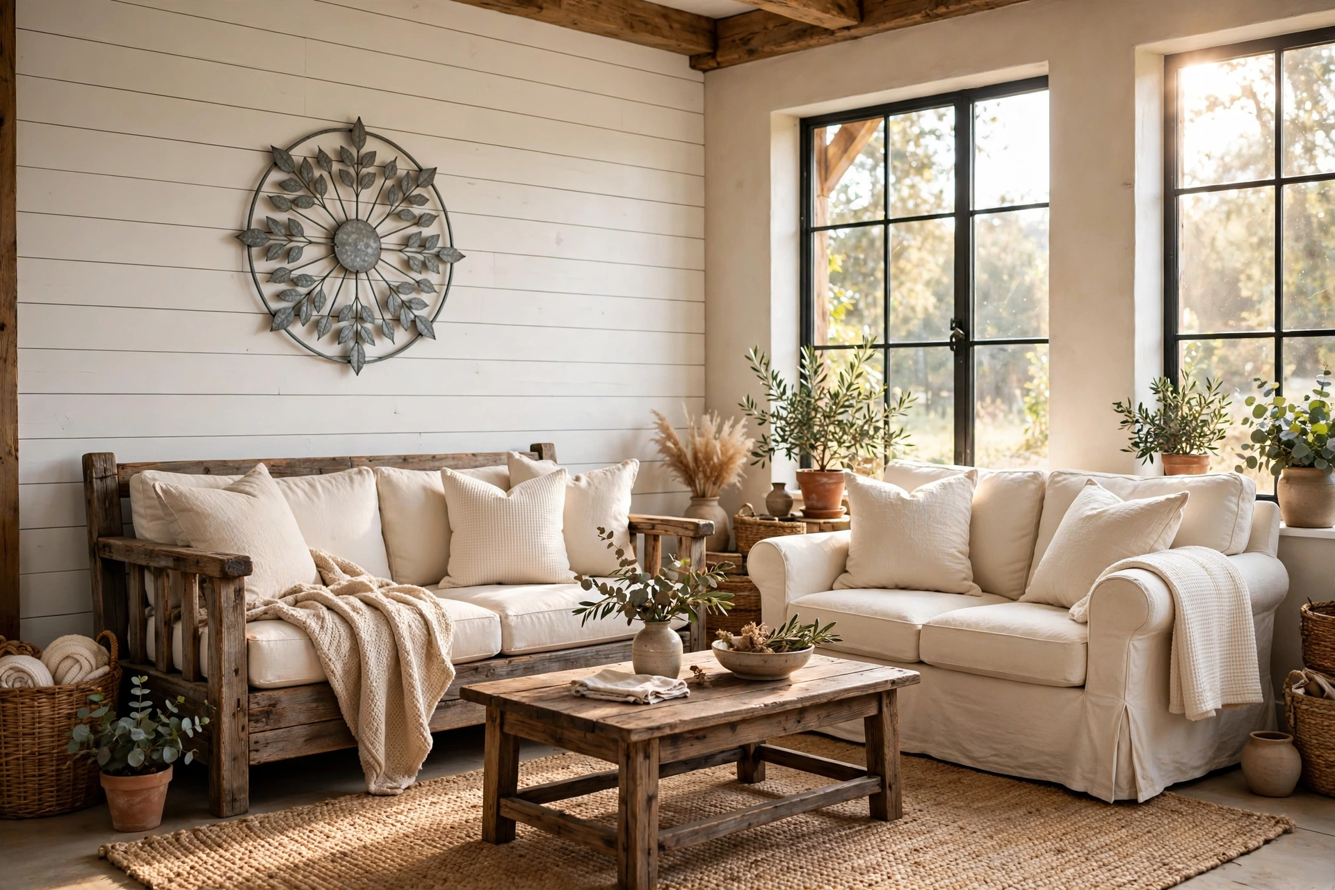 Farmhouse studio apartment living area with white shiplap accent wall and rustic wood sofa