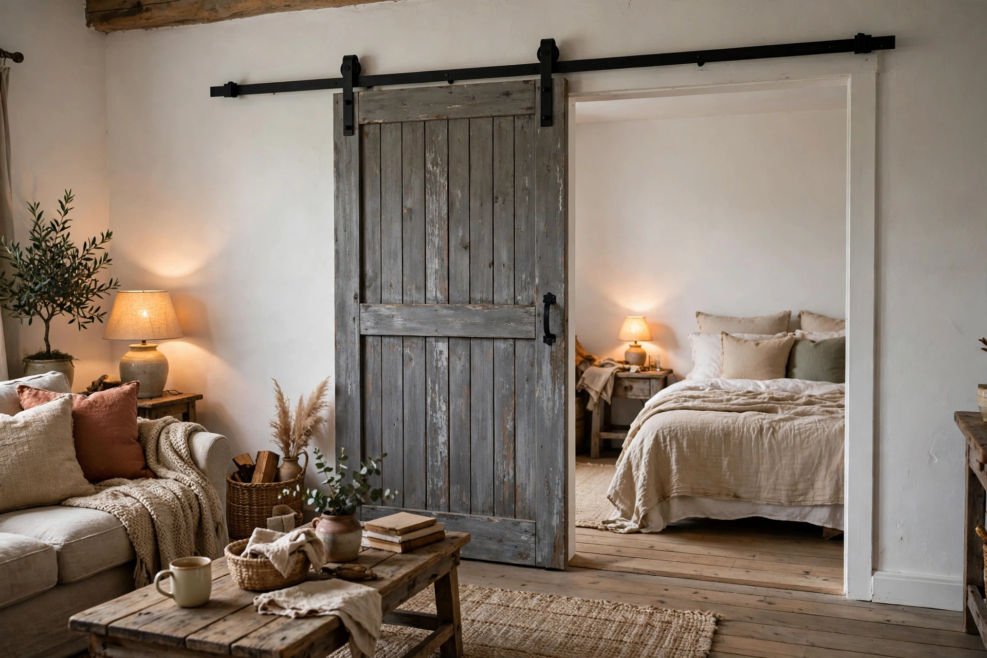Weathered gray sliding barn door on black hardware dividing zones in a farmhouse studio
