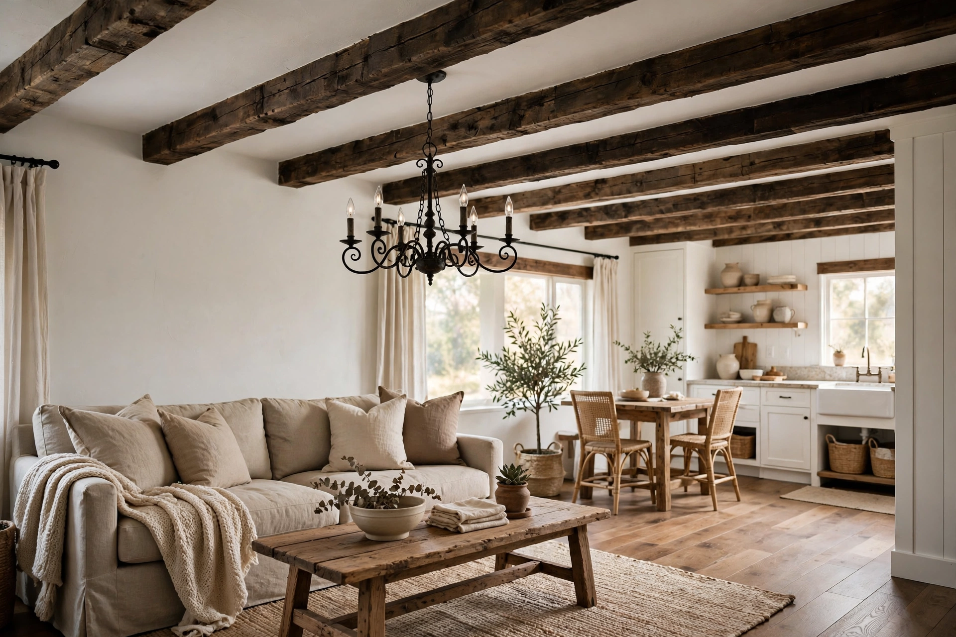 Exposed rustic wood beams on a white ceiling in a farmhouse studio apartment