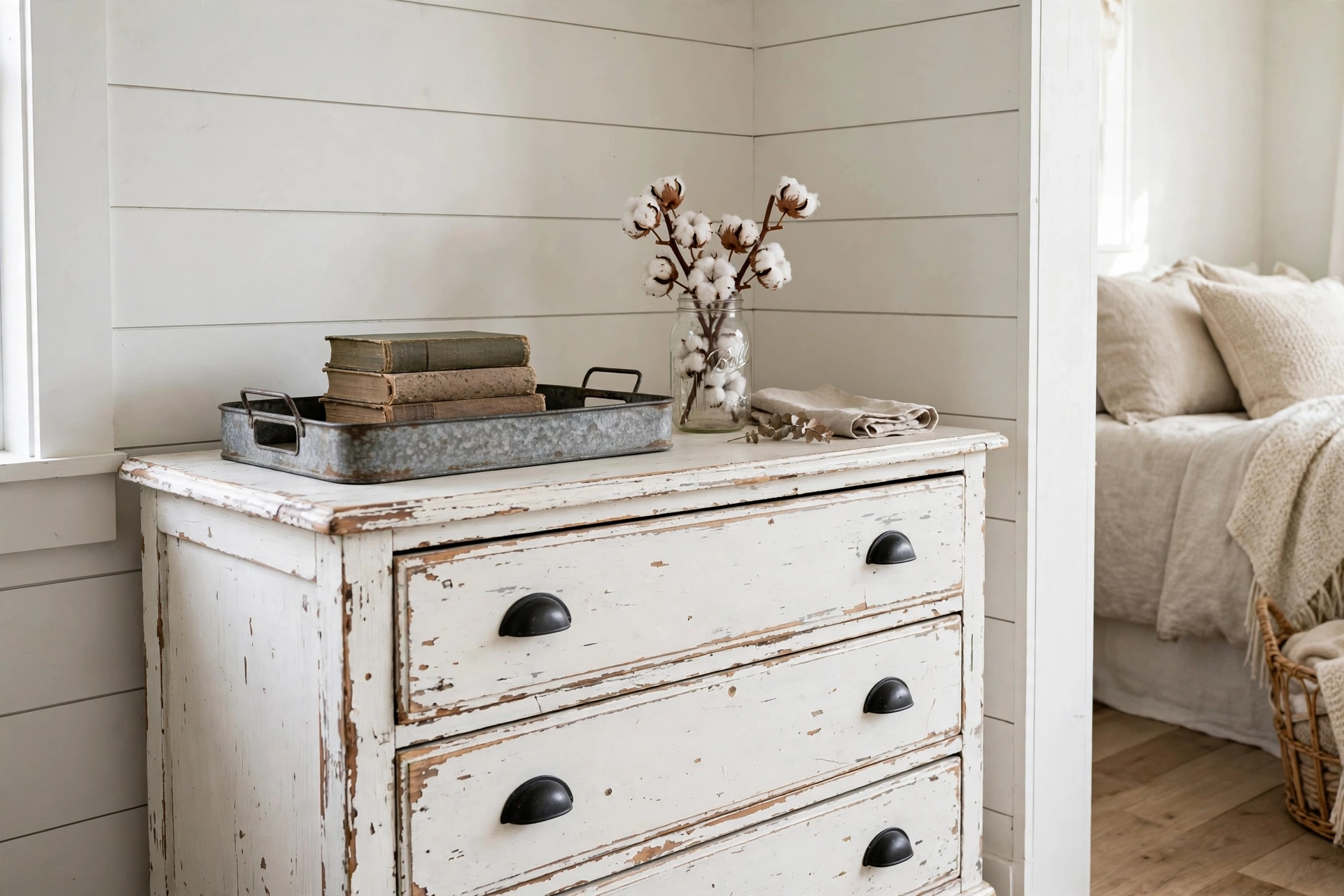 Distressed white dresser with black cup pulls styled with farmhouse decor
