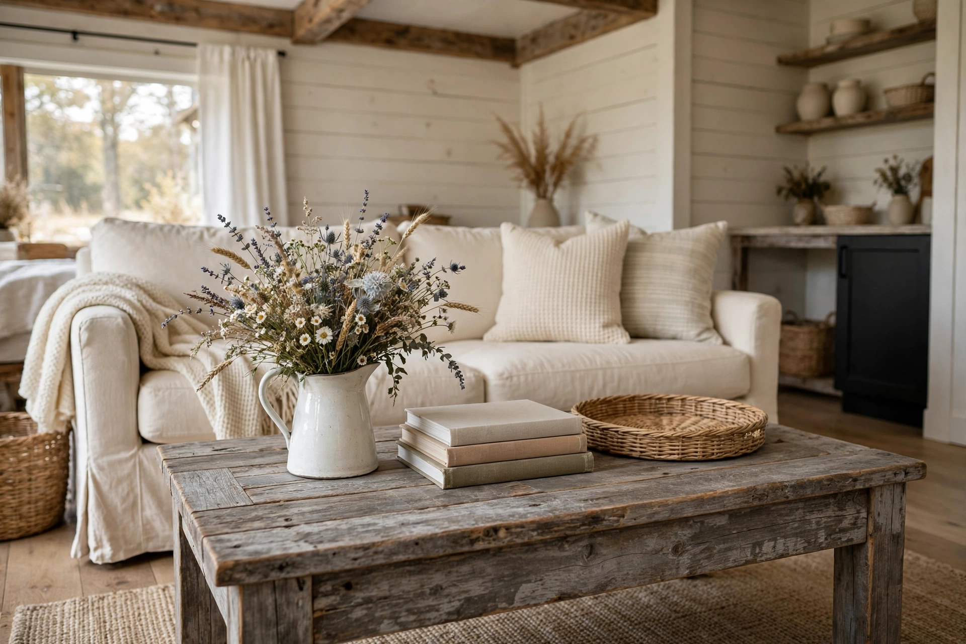 Reclaimed barn wood coffee table styled with ironstone pitcher in a farmhouse living room