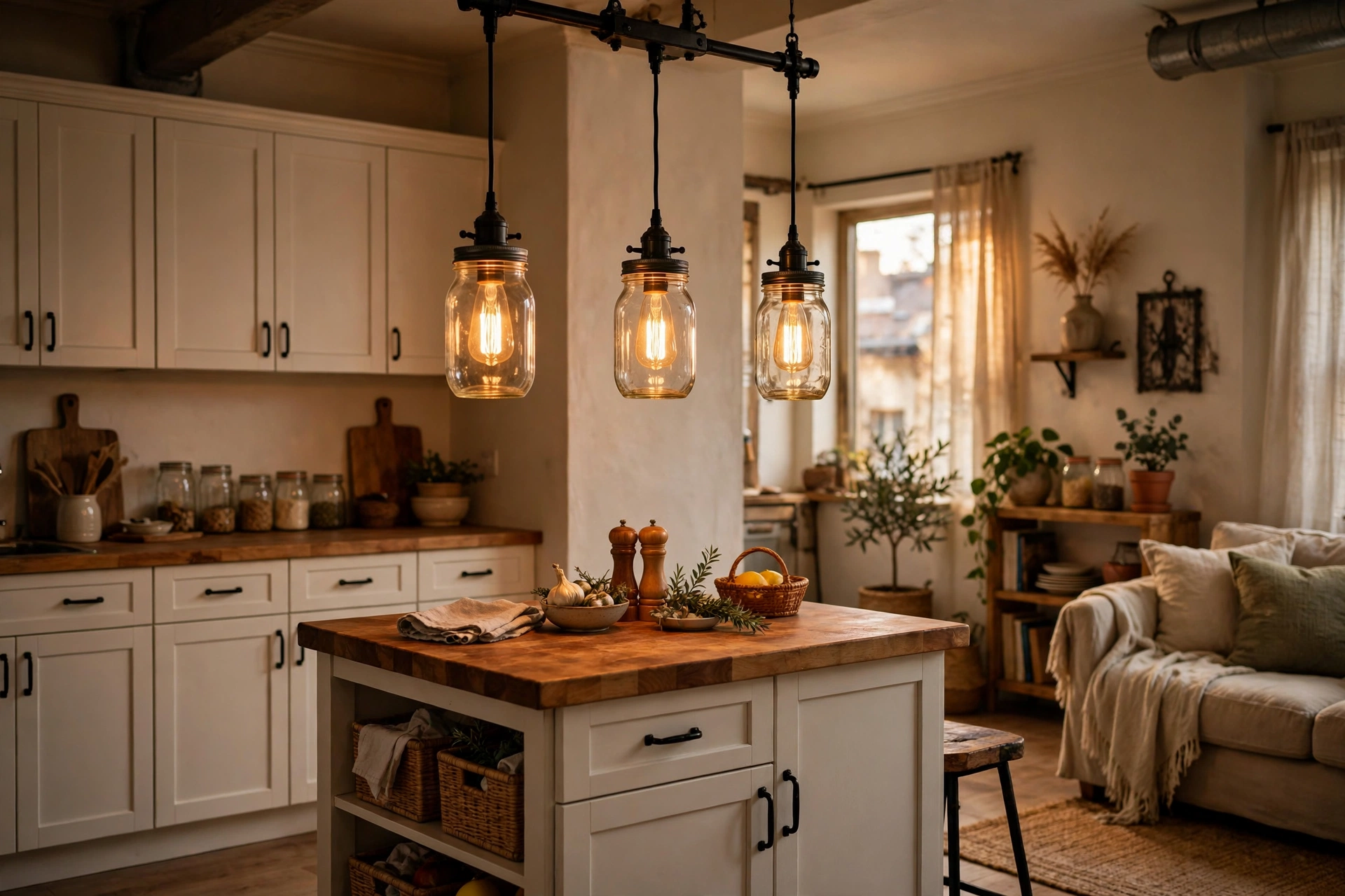 Mason jar pendant lights with Edison bulbs over a farmhouse kitchen island