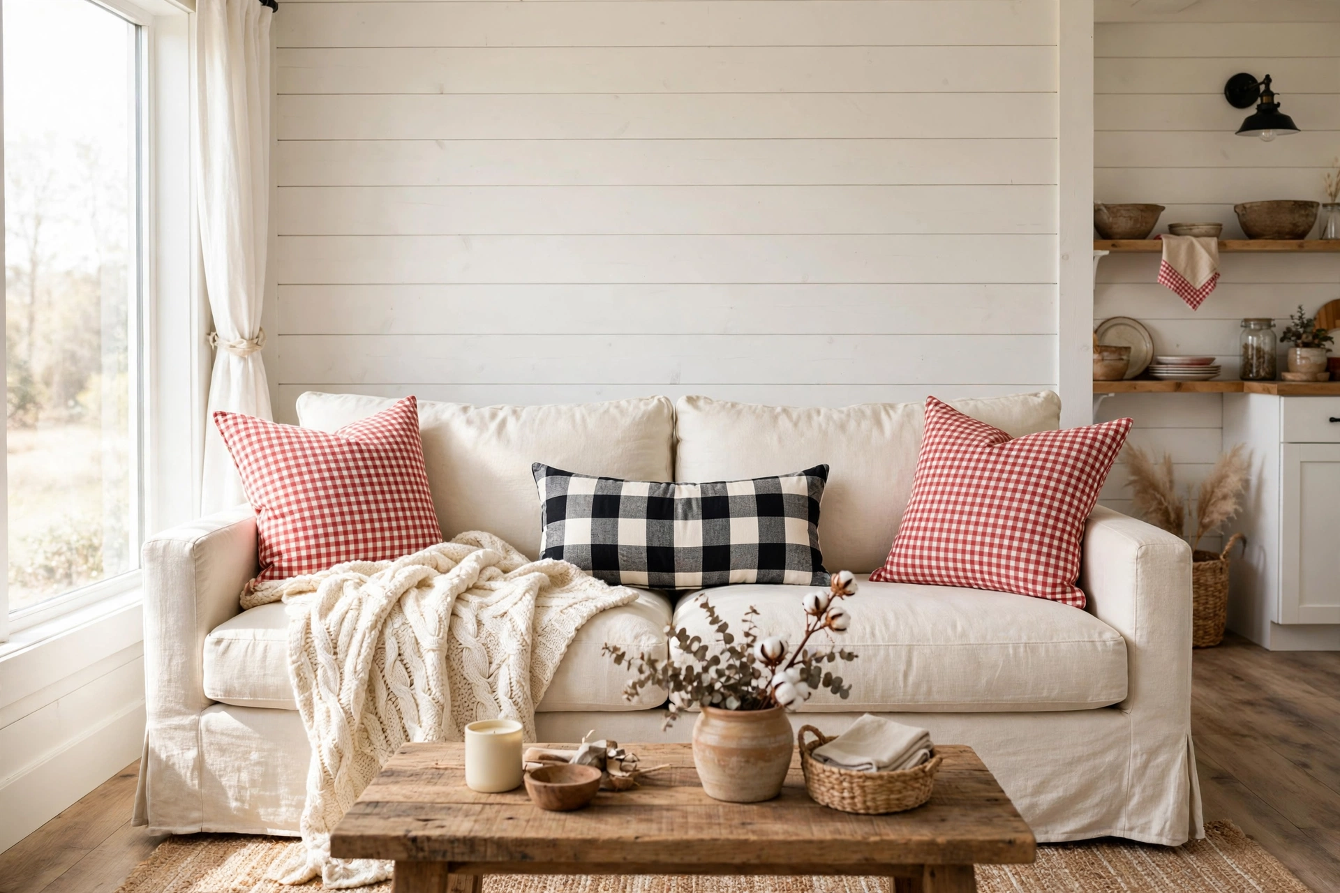 Cream sofa with gingham and buffalo check pillows in a farmhouse living room