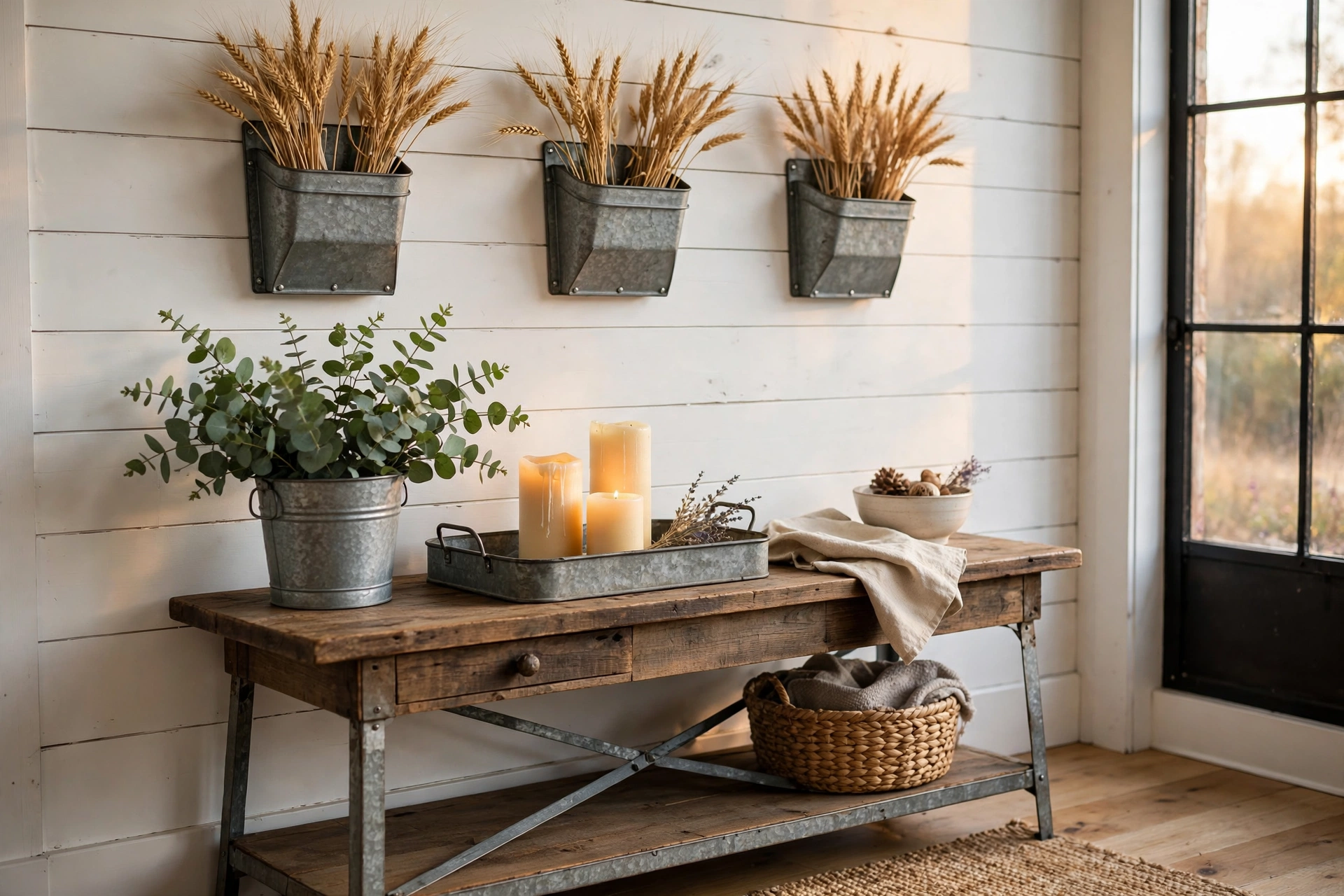 Galvanized metal bucket planter and tray styled on a farmhouse console