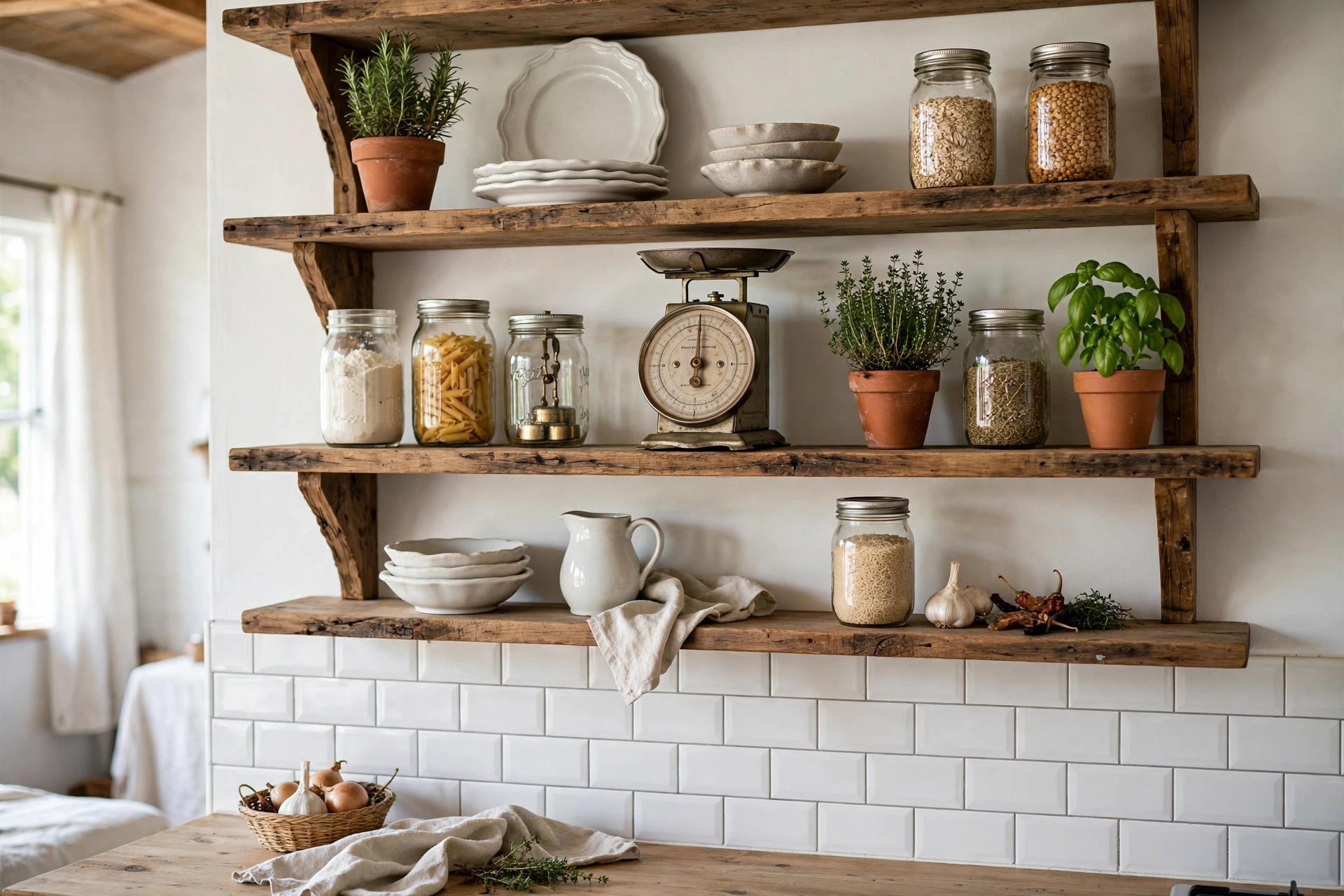 Open rustic wood kitchen shelves with ironstone dishes and mason jars