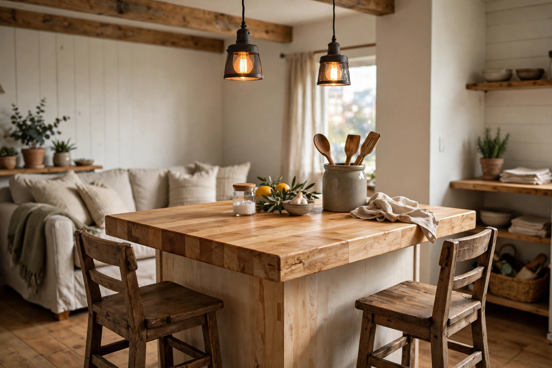 Butcher block kitchen island with counter stools in a farmhouse studio kitchen
