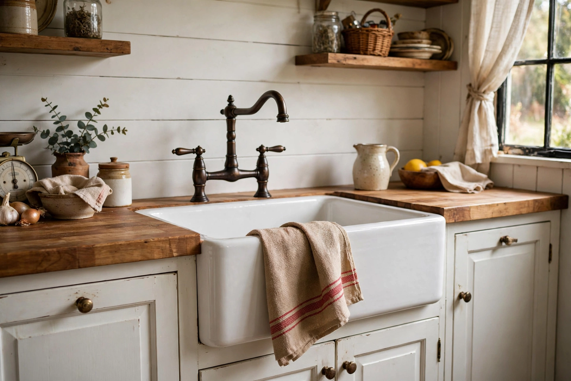 White apron-front farmhouse sink with bronze faucet and grain sack towel