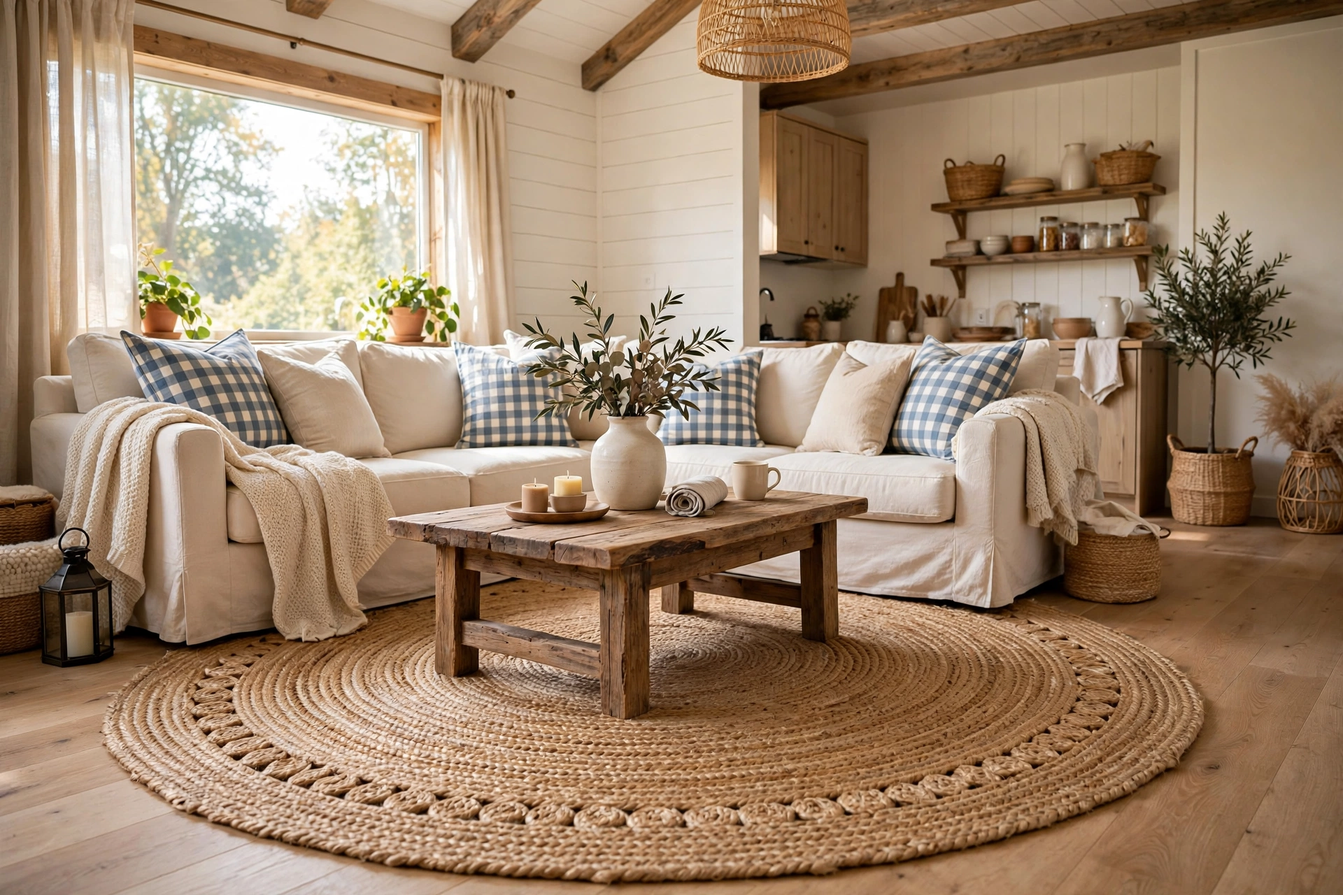 Round woven jute rug anchoring a farmhouse living zone
