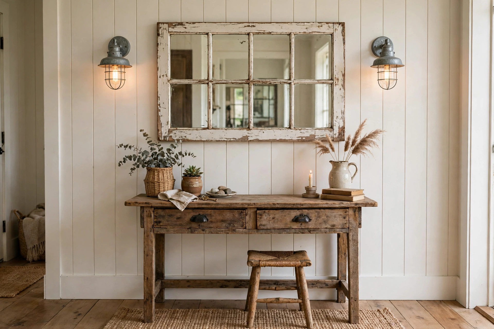 Antique white window frame mirror above a rustic console in a farmhouse entryway