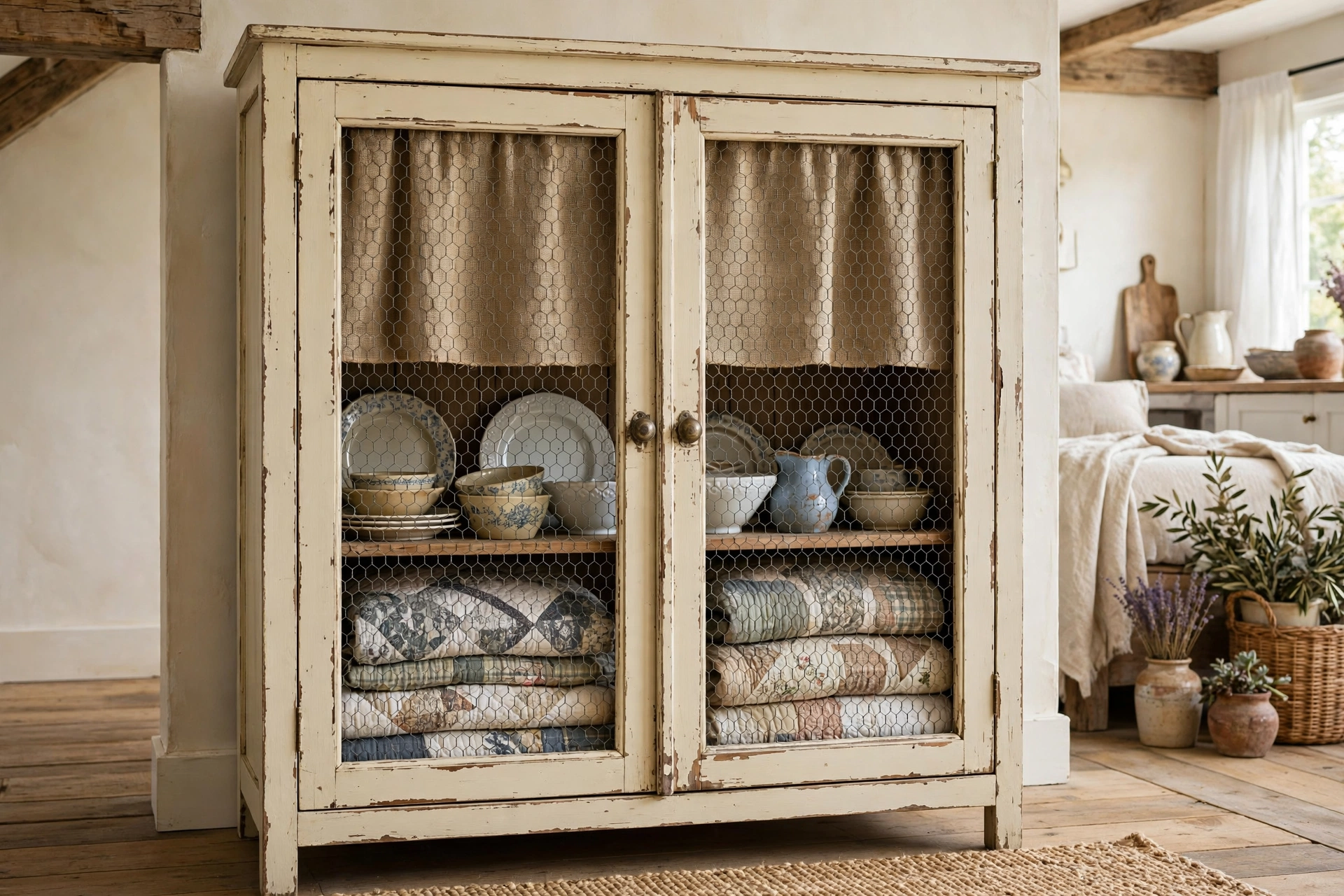 Rustic cabinet with chicken wire doors displaying quilts and dishes