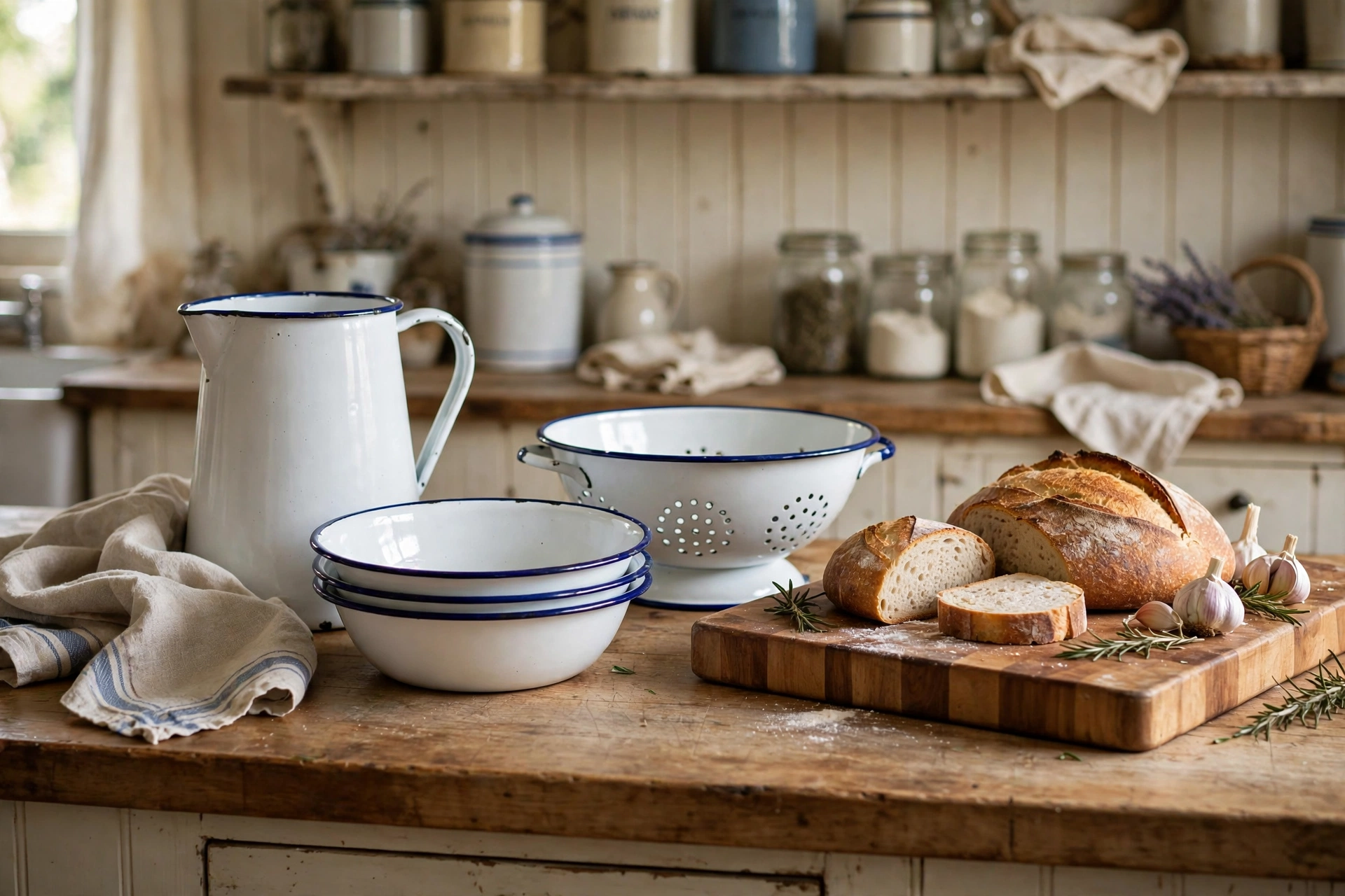 White enamelware with blue rims displayed on a farmhouse kitchen counter