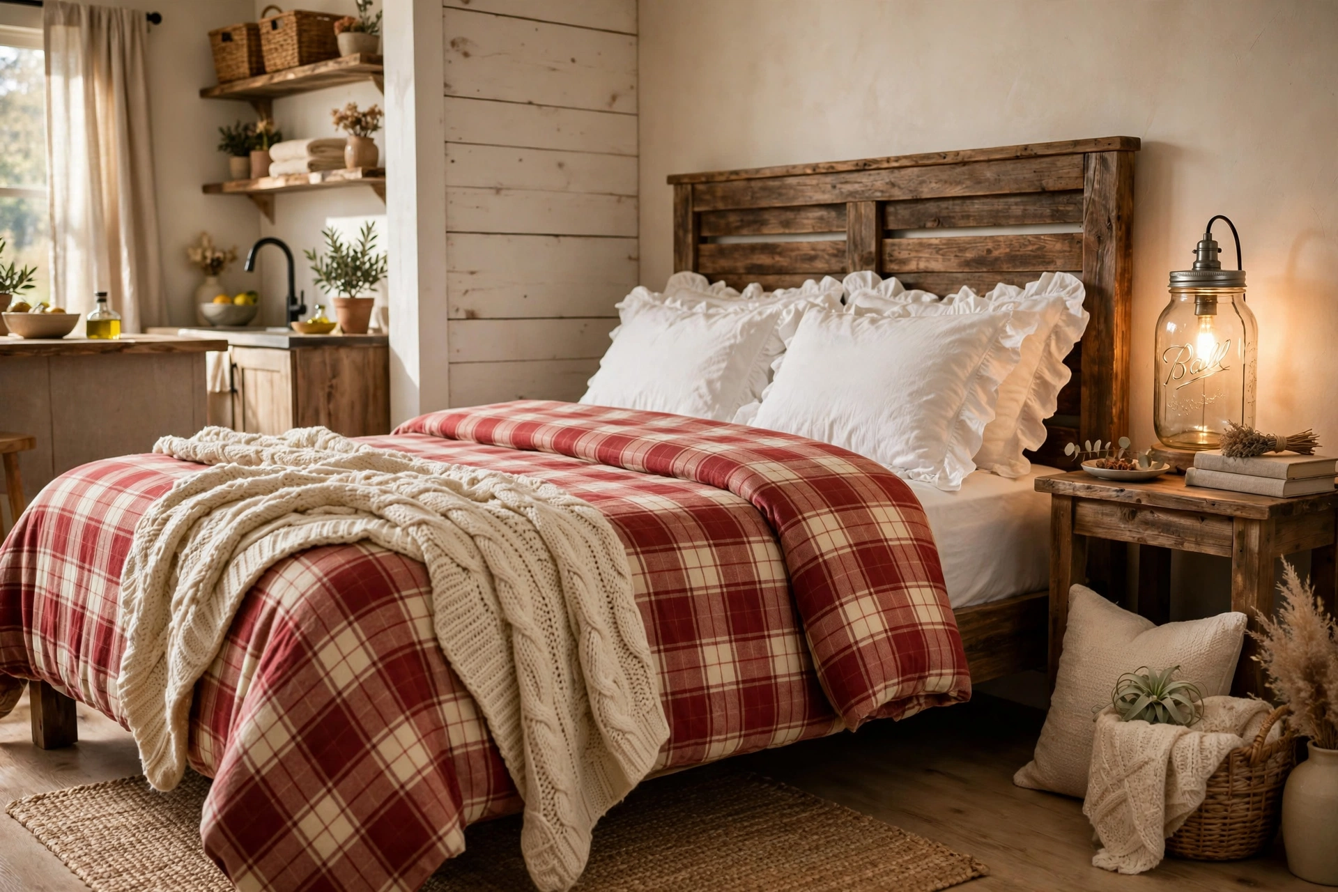 Farmhouse bed with red plaid flannel bedding and knit throw
