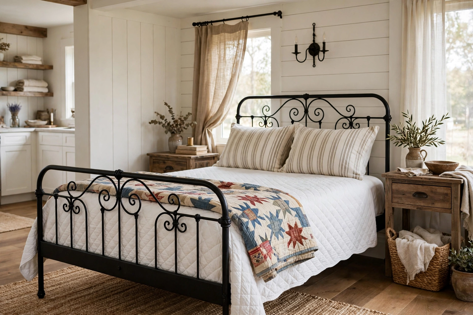 Black wrought iron bed frame with white bedding in a farmhouse studio sleeping nook