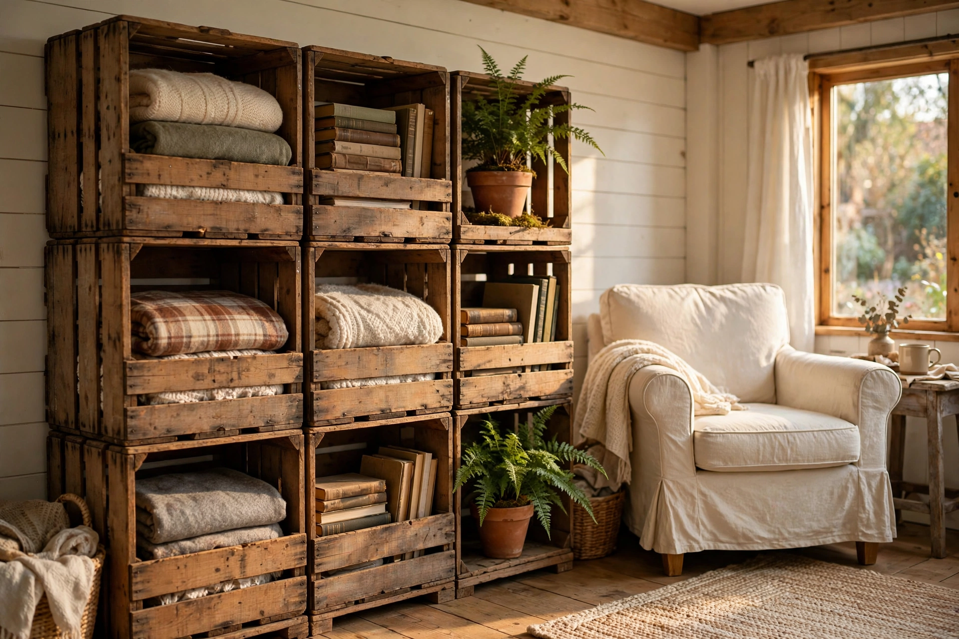 Stacked vintage wooden crates as open storage beside a farmhouse armchair
