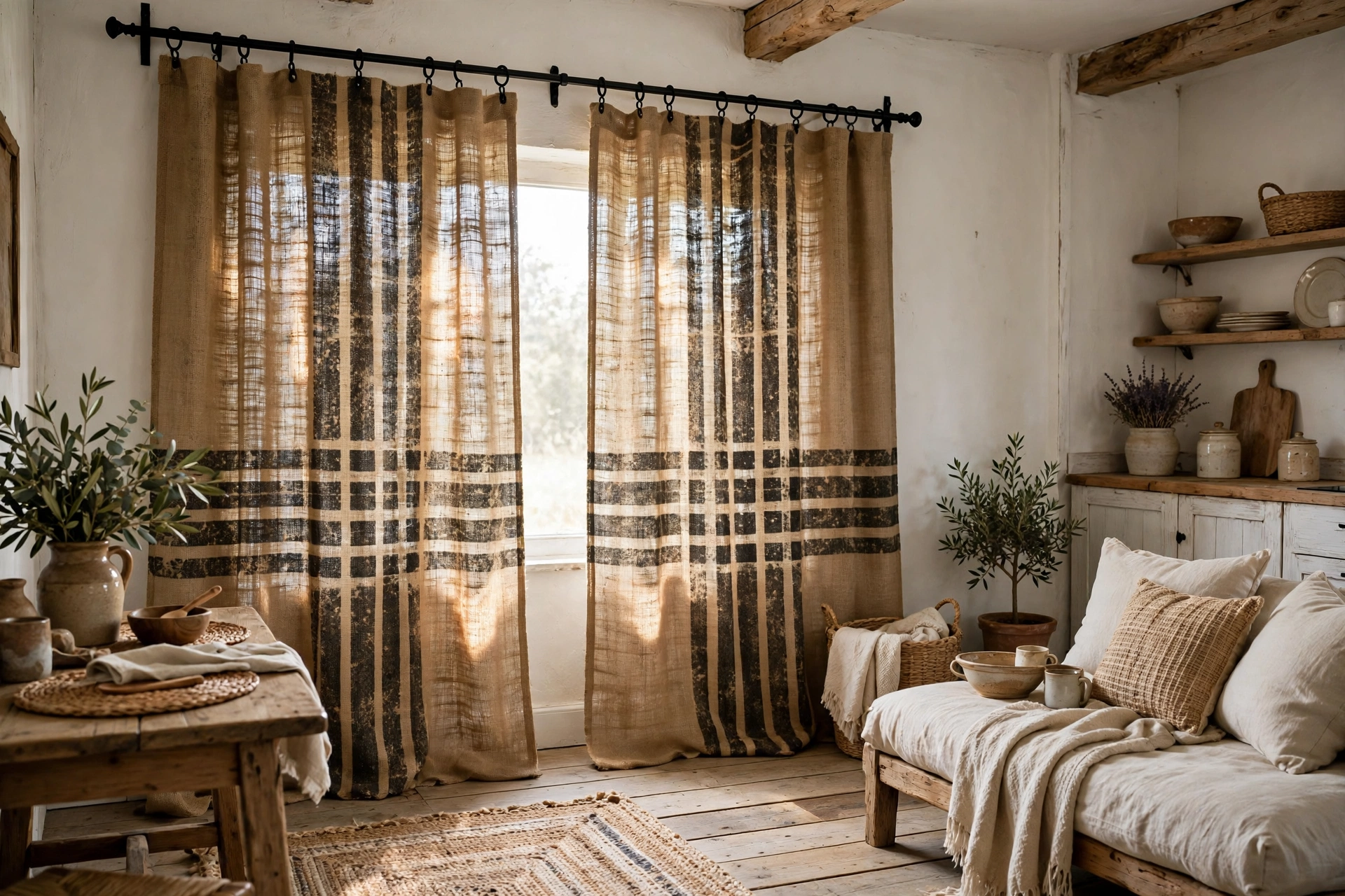 Burlap curtains with grain sack stripes on iron rods in a farmhouse studio