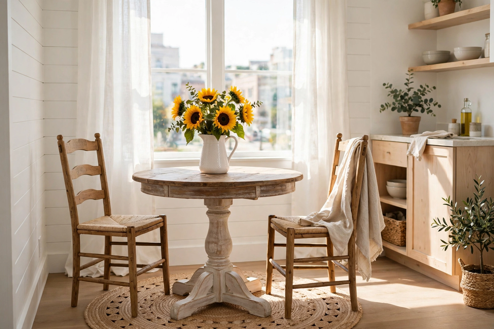 Round farmhouse dining table with ladder-back chairs in a sunny studio corner