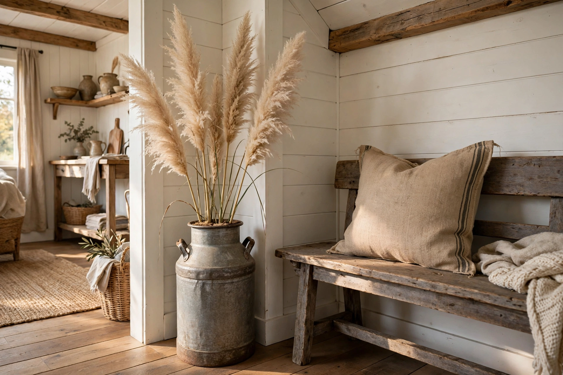 Vintage milk can with pampas grass in a farmhouse studio corner