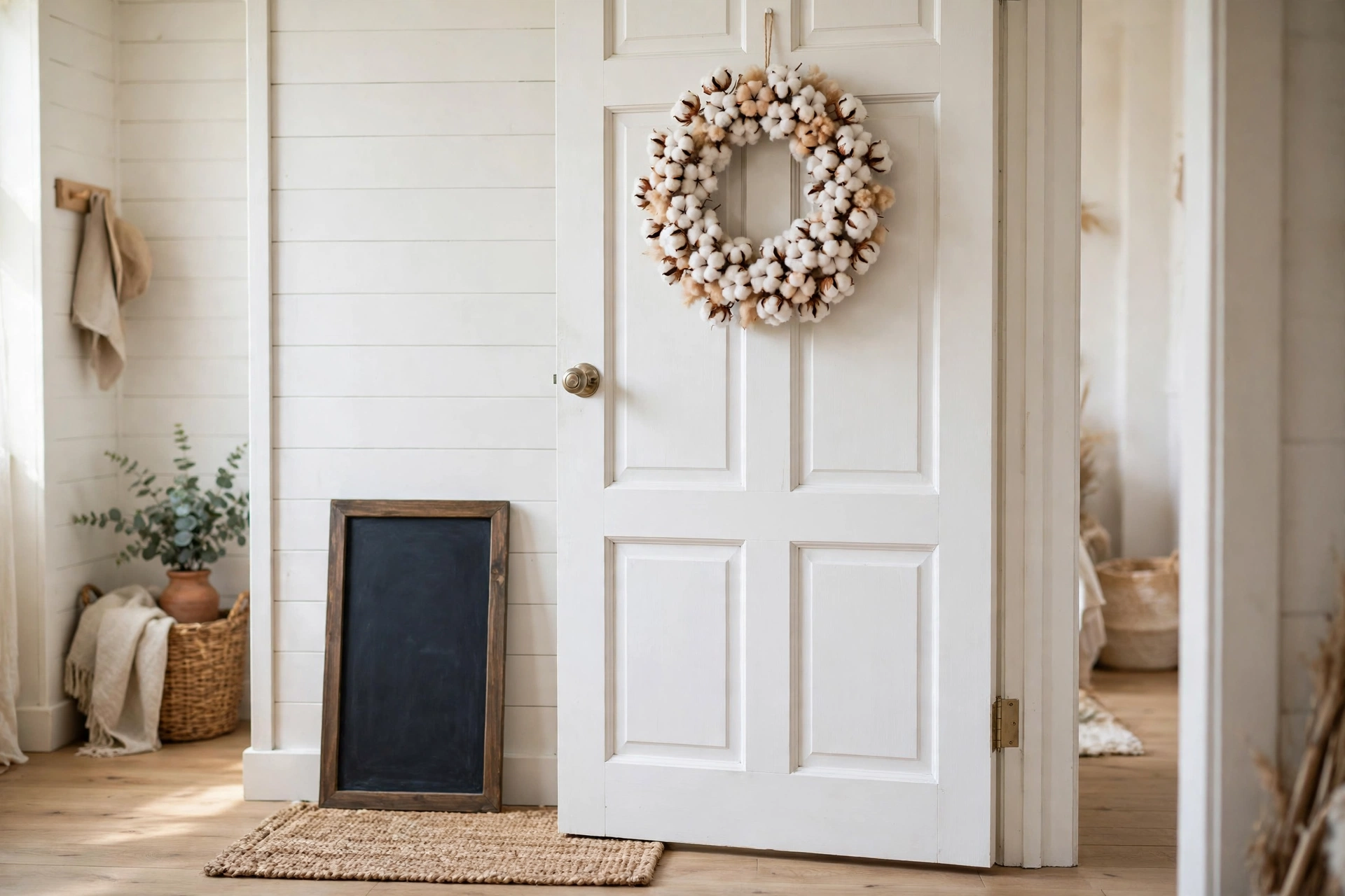 Cotton boll wreath on a white paneled door in a farmhouse entryway