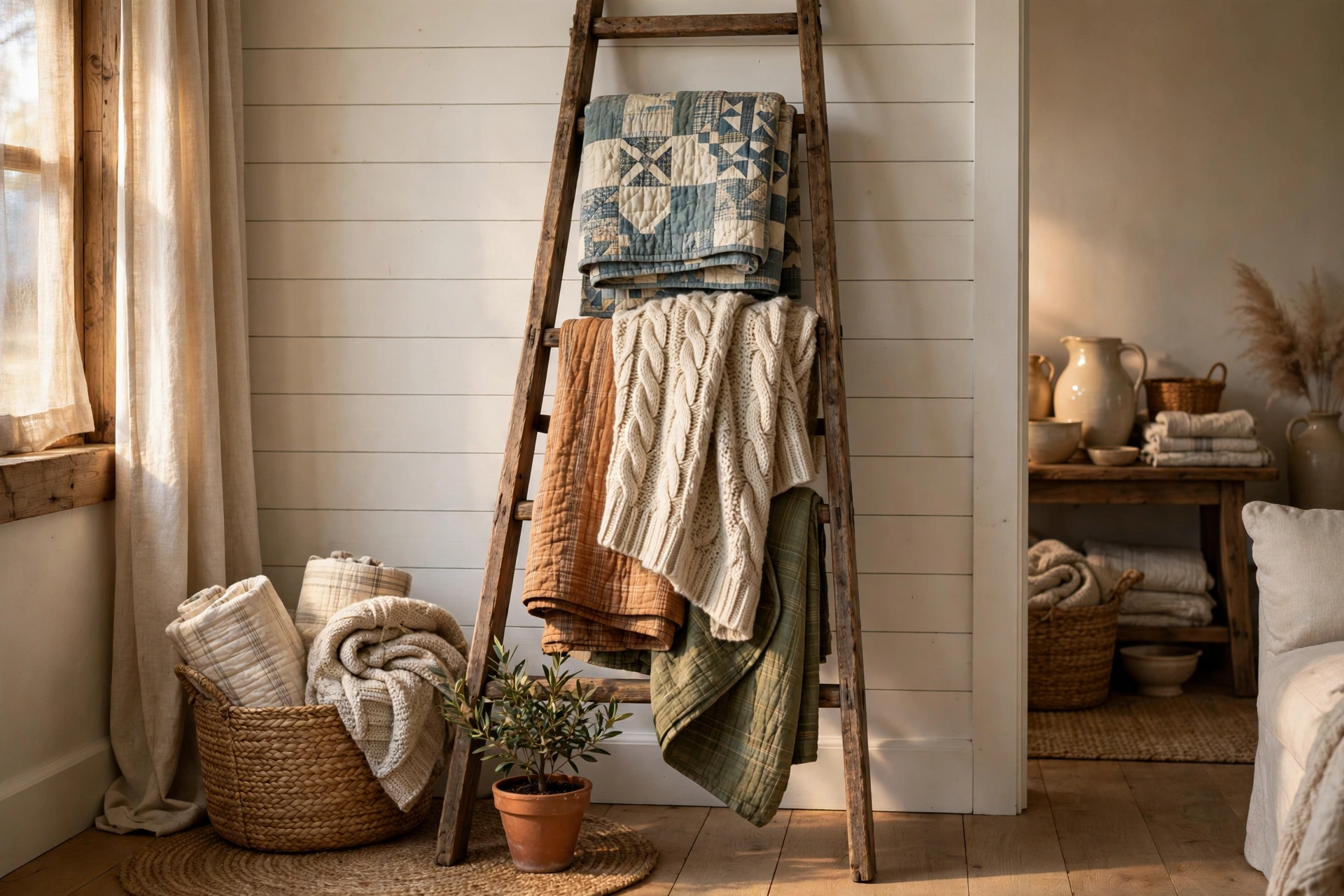 Rustic ladder with quilts and throws against a shiplap wall
