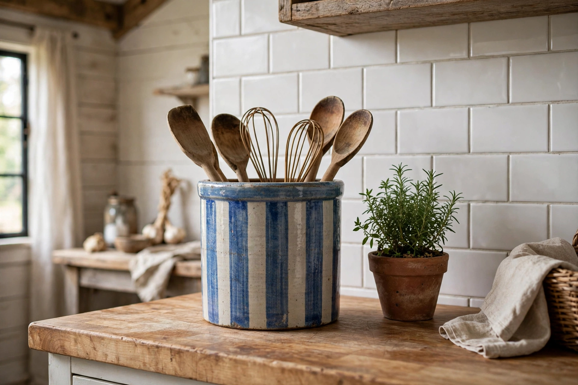 Blue-striped stoneware crock with wooden utensils on a butcher block counter