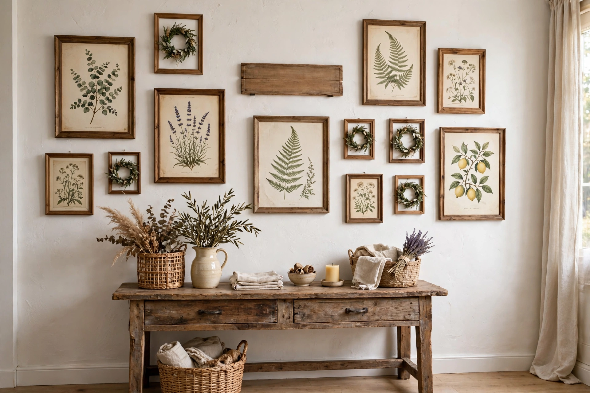 Farmhouse gallery wall with botanical prints and wood frames above a rustic console