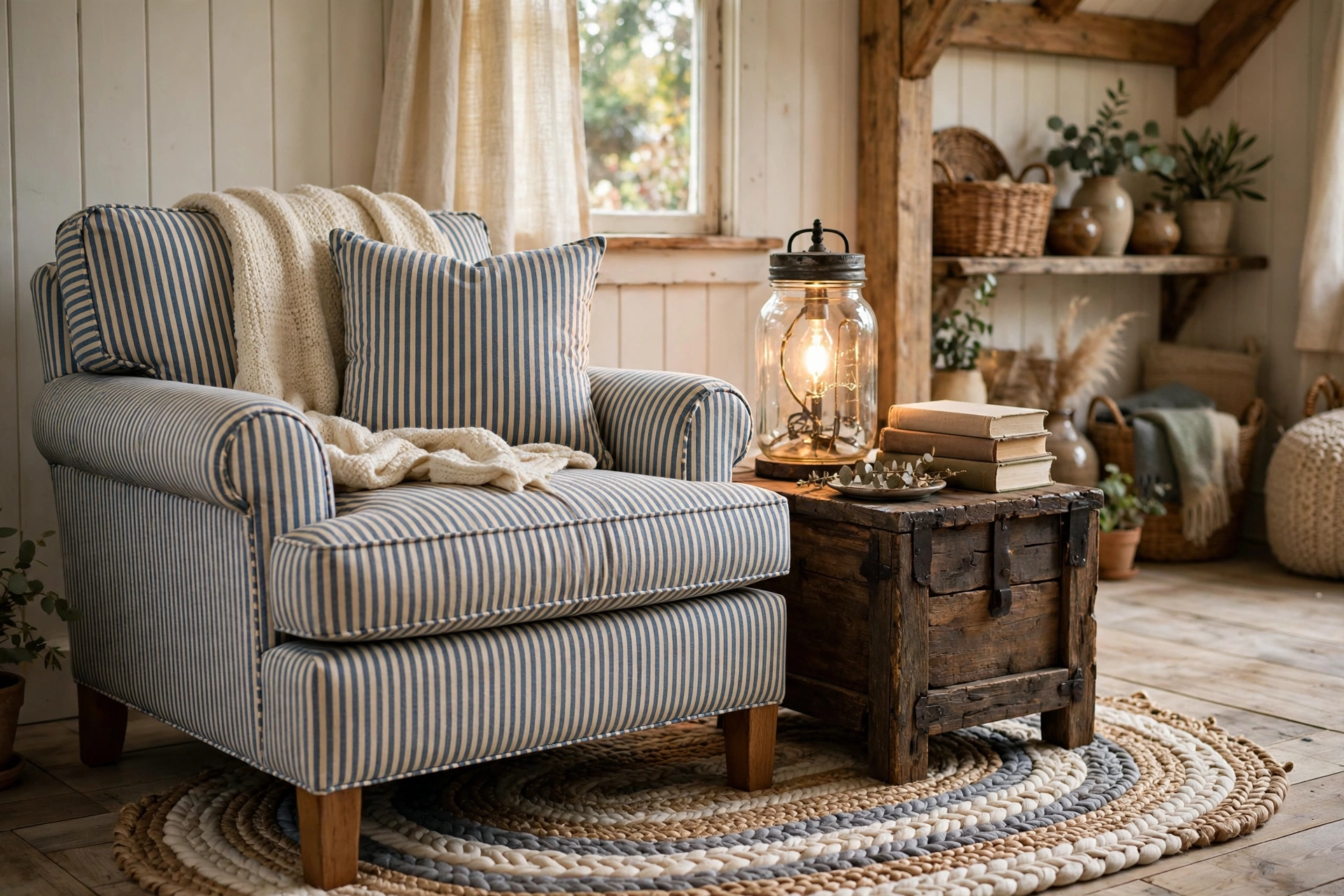 Armchair in blue ticking stripe fabric in a farmhouse reading corner