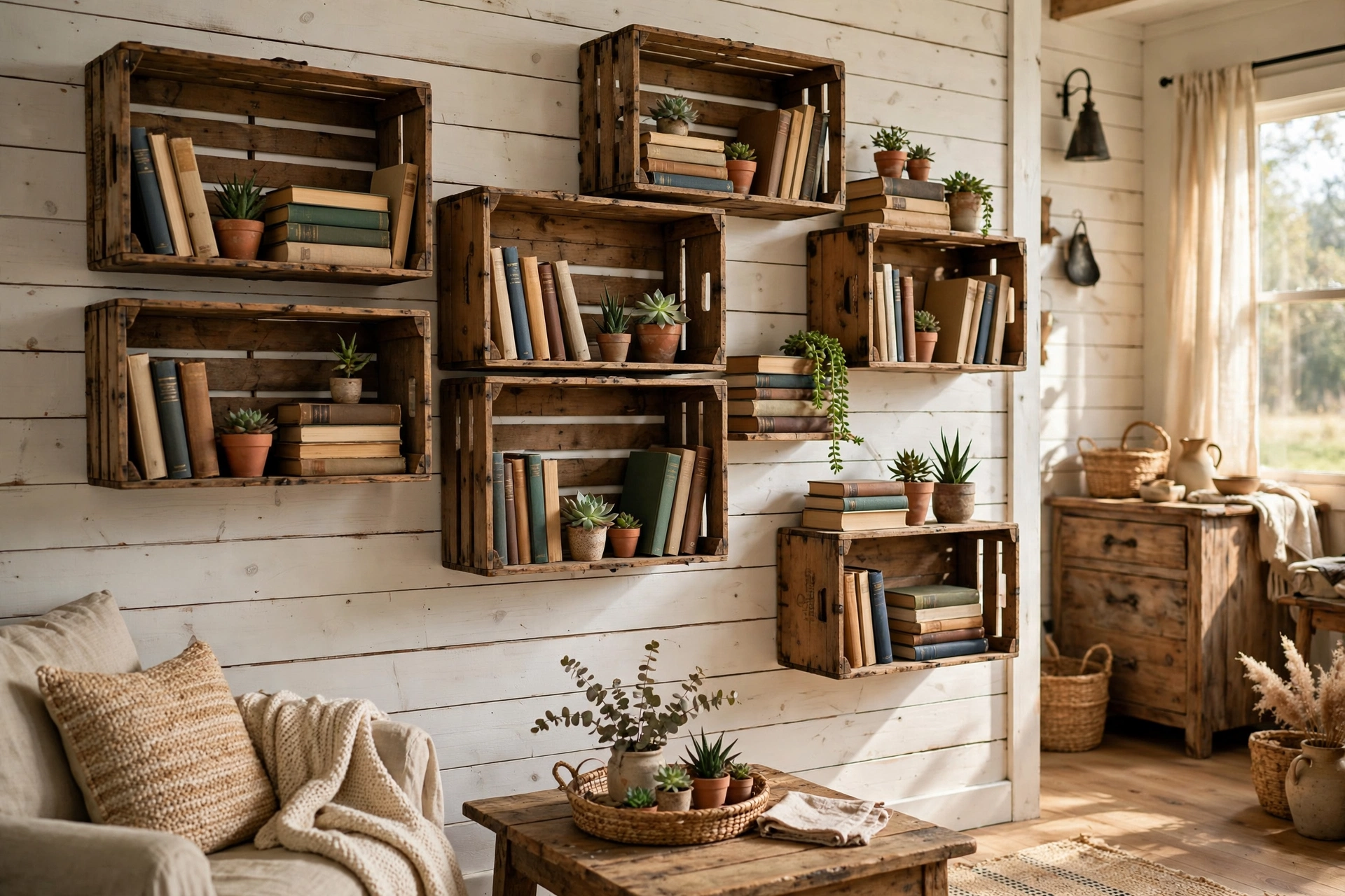 Wooden wine crates mounted as floating bookshelves on a shiplap wall