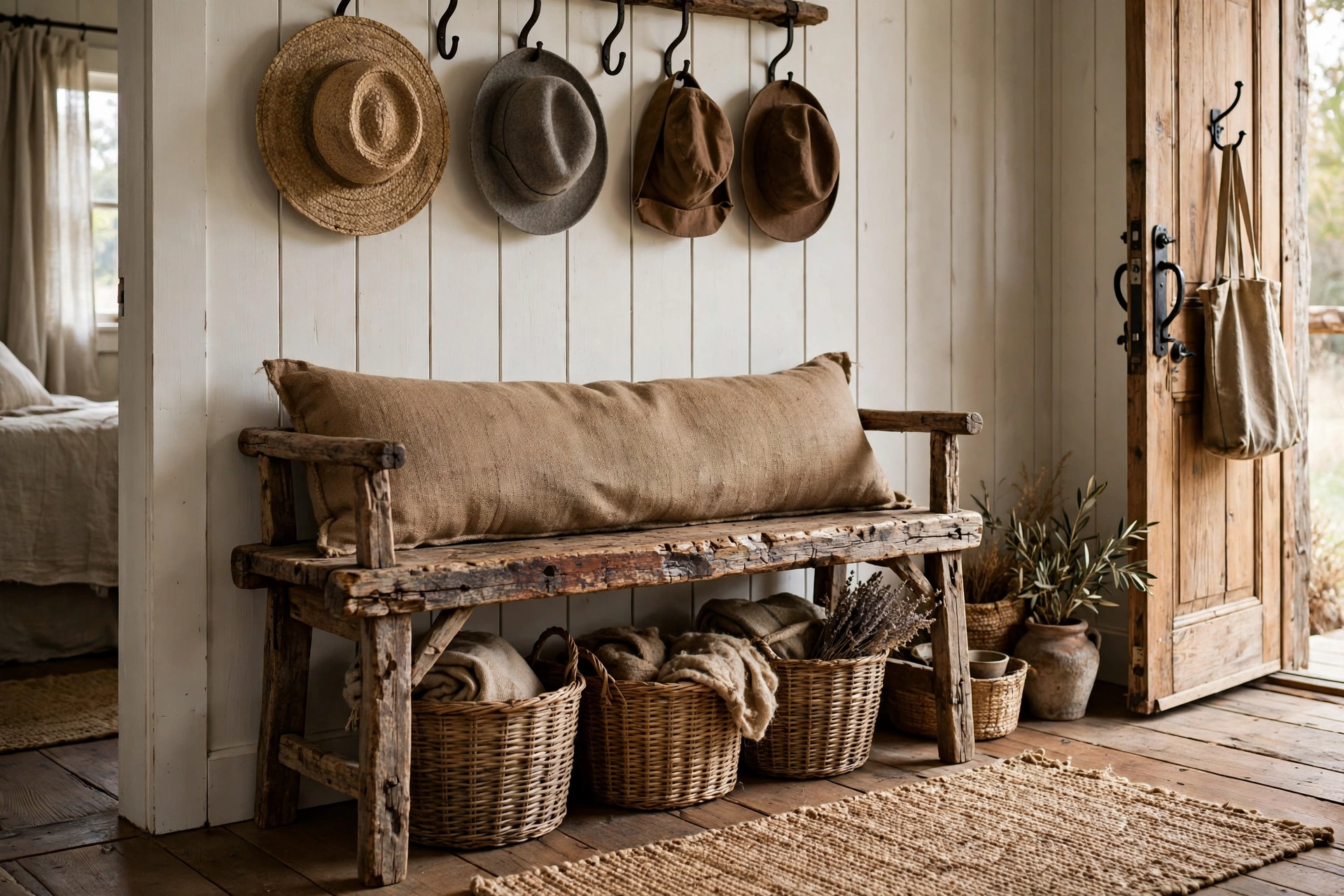 Primitive wooden bench with grain sack cushion in a farmhouse entryway
