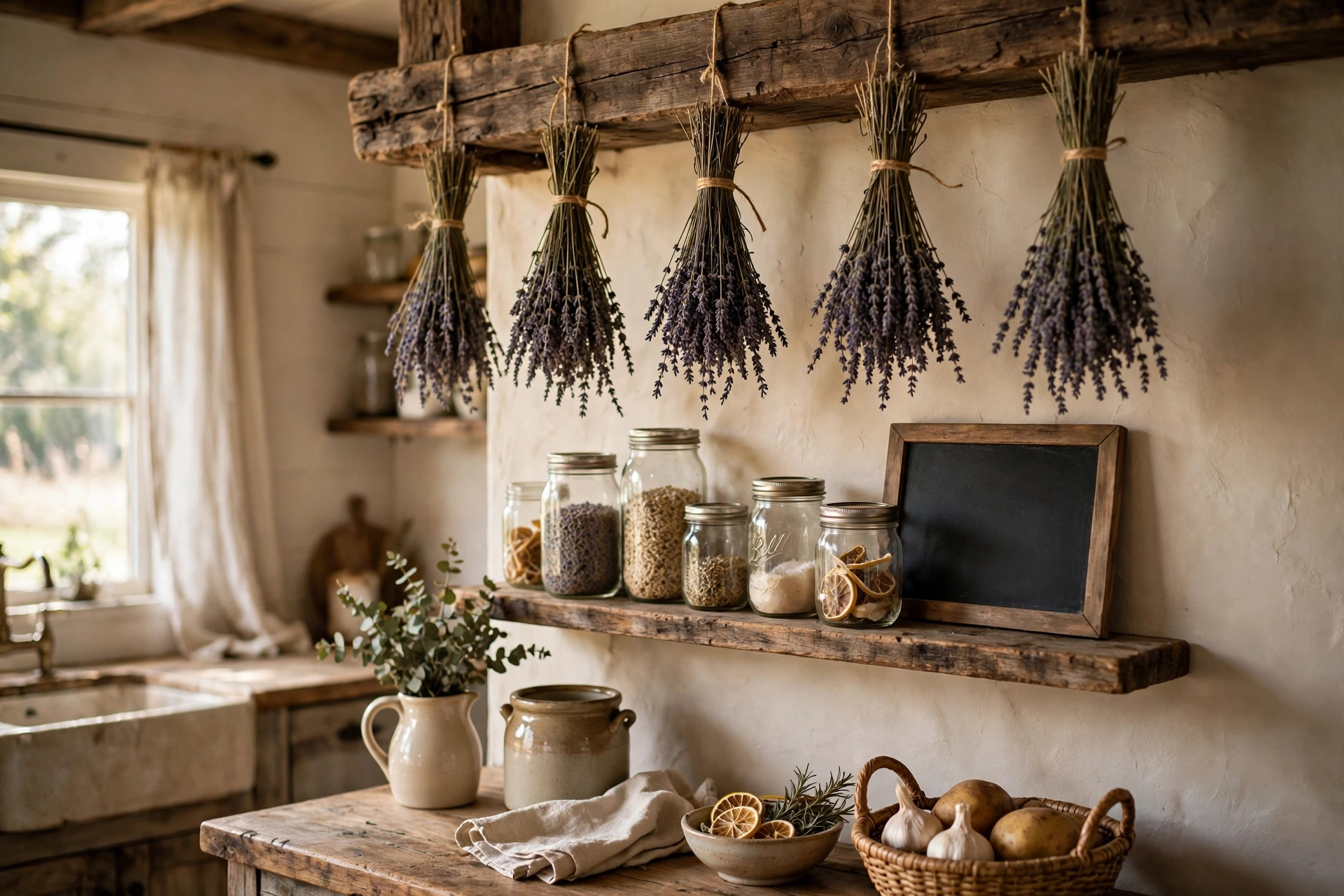 Dried lavender bundles tied with twine hanging in a farmhouse kitchen