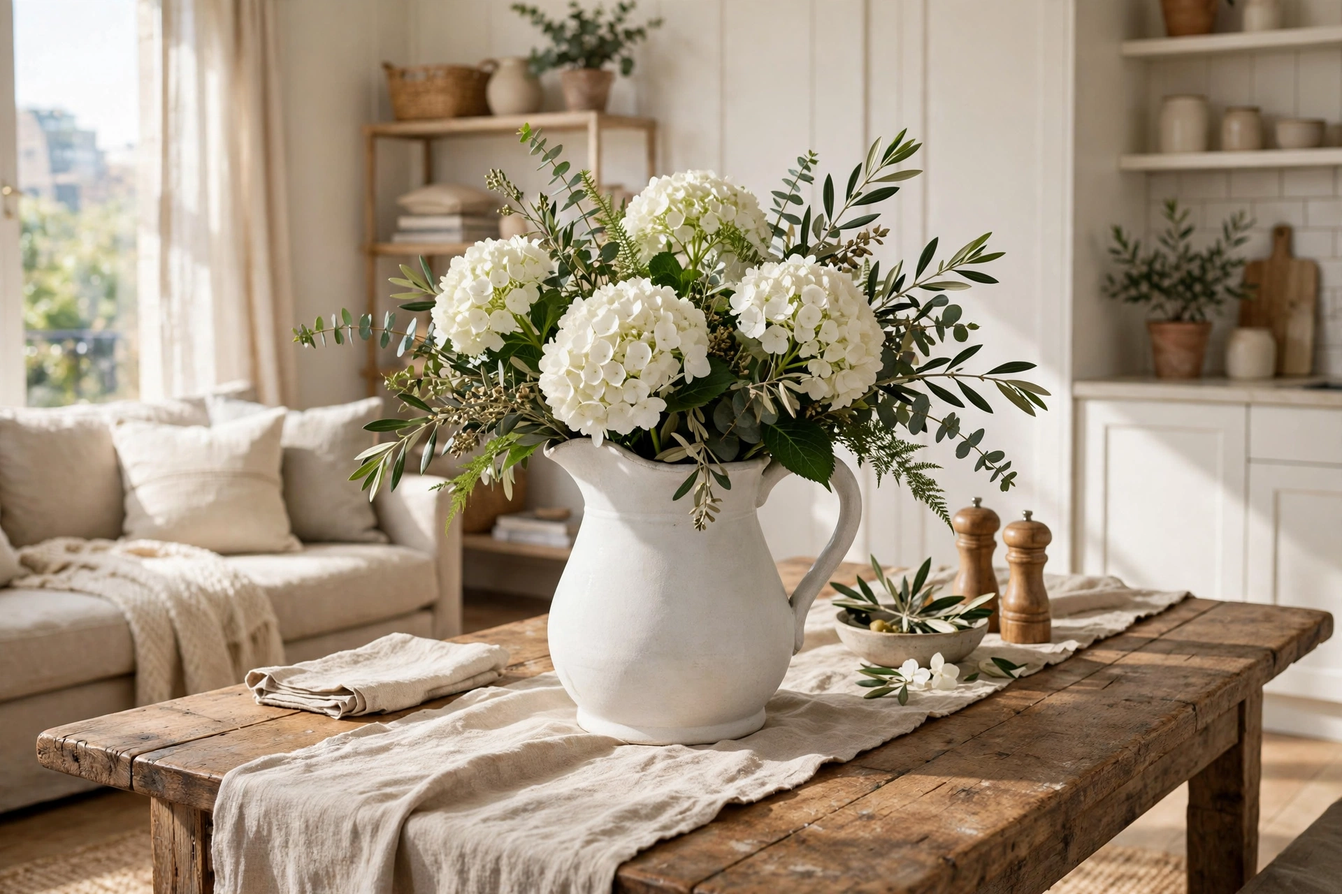 White ironstone pitcher with hydrangeas as a farmhouse table centerpiece