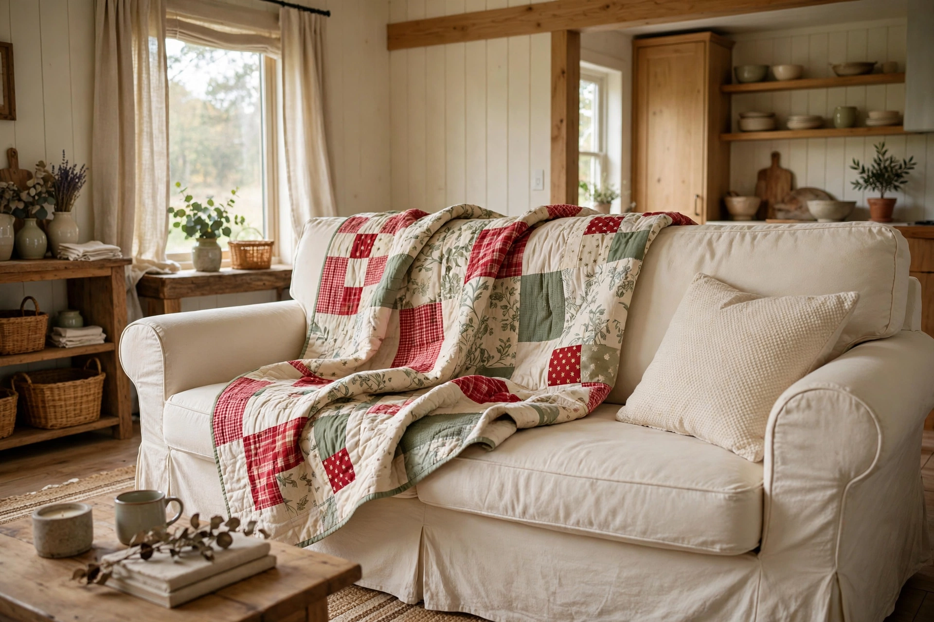 Patchwork quilt draped over a slipcovered sofa in a farmhouse living room