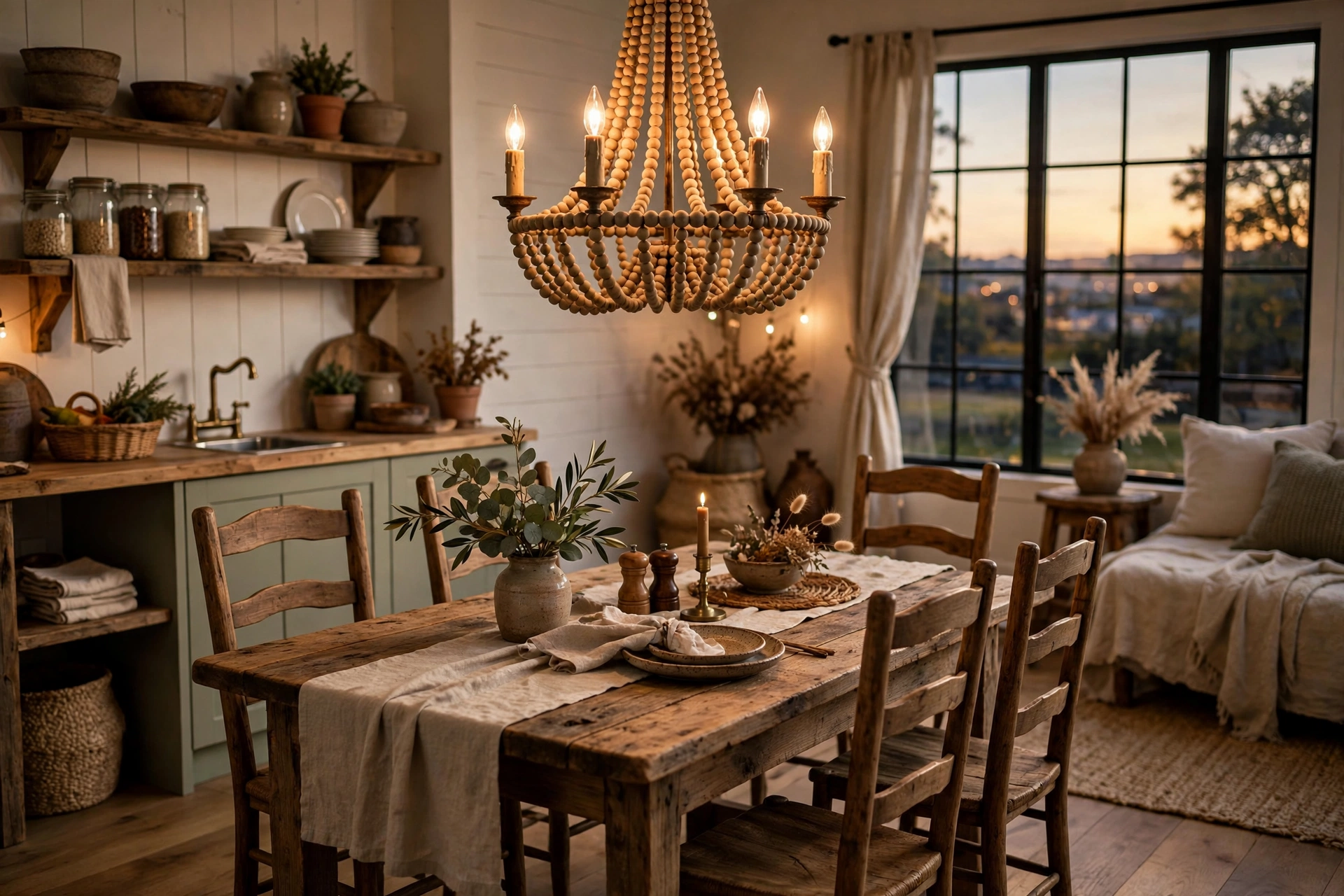 Wood bead chandelier over a farmhouse dining table in a studio nook
